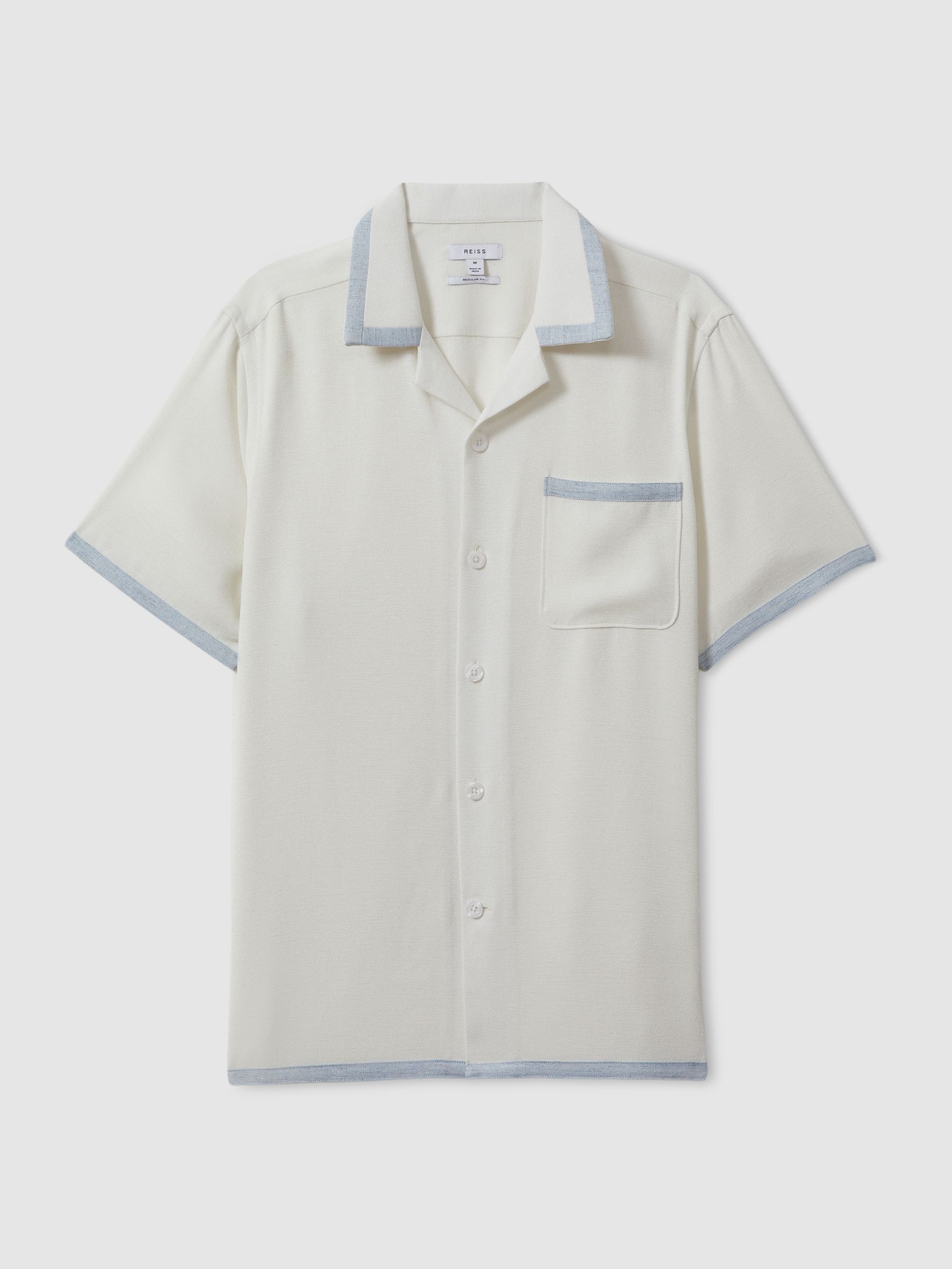 Contrast Trim Cuban Collar Shirt in Ecru/Soft Blue