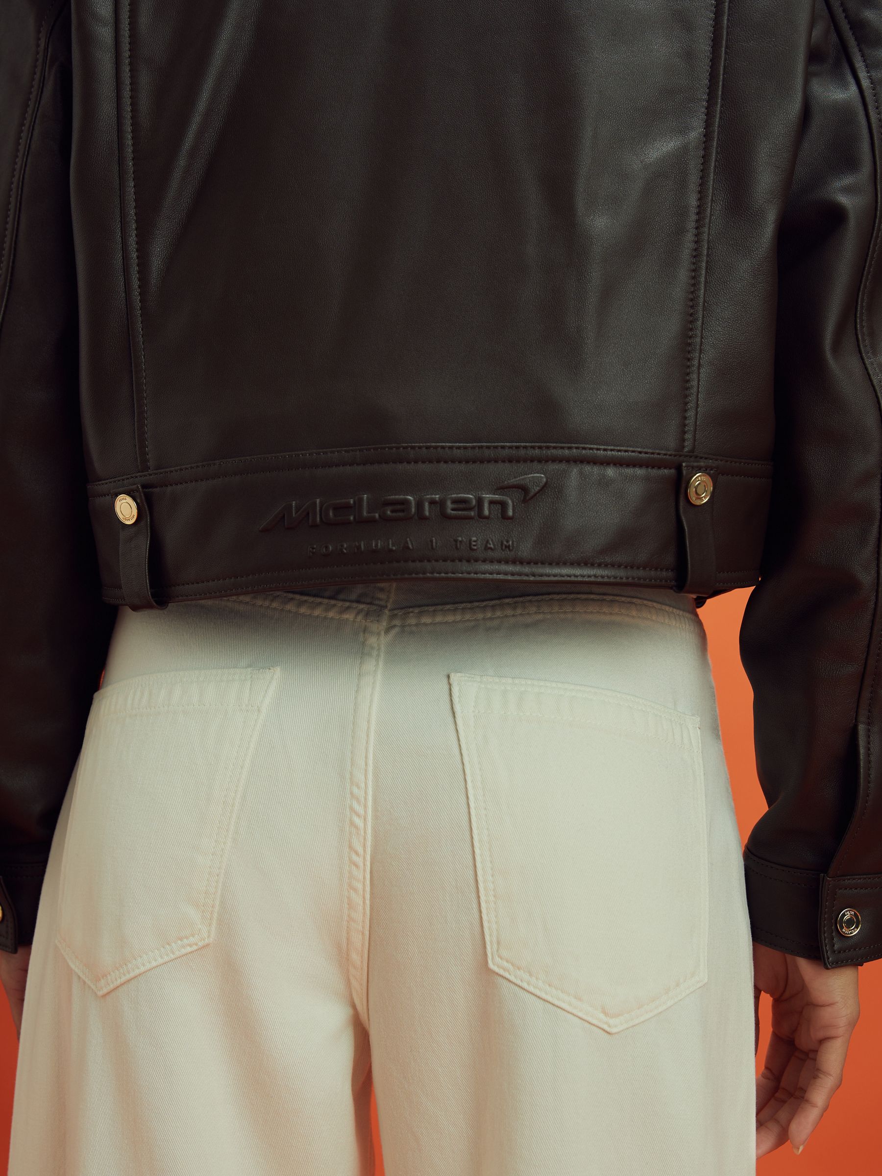 McLaren F1 Cropped Leather Bomber Jacket in Chocolate