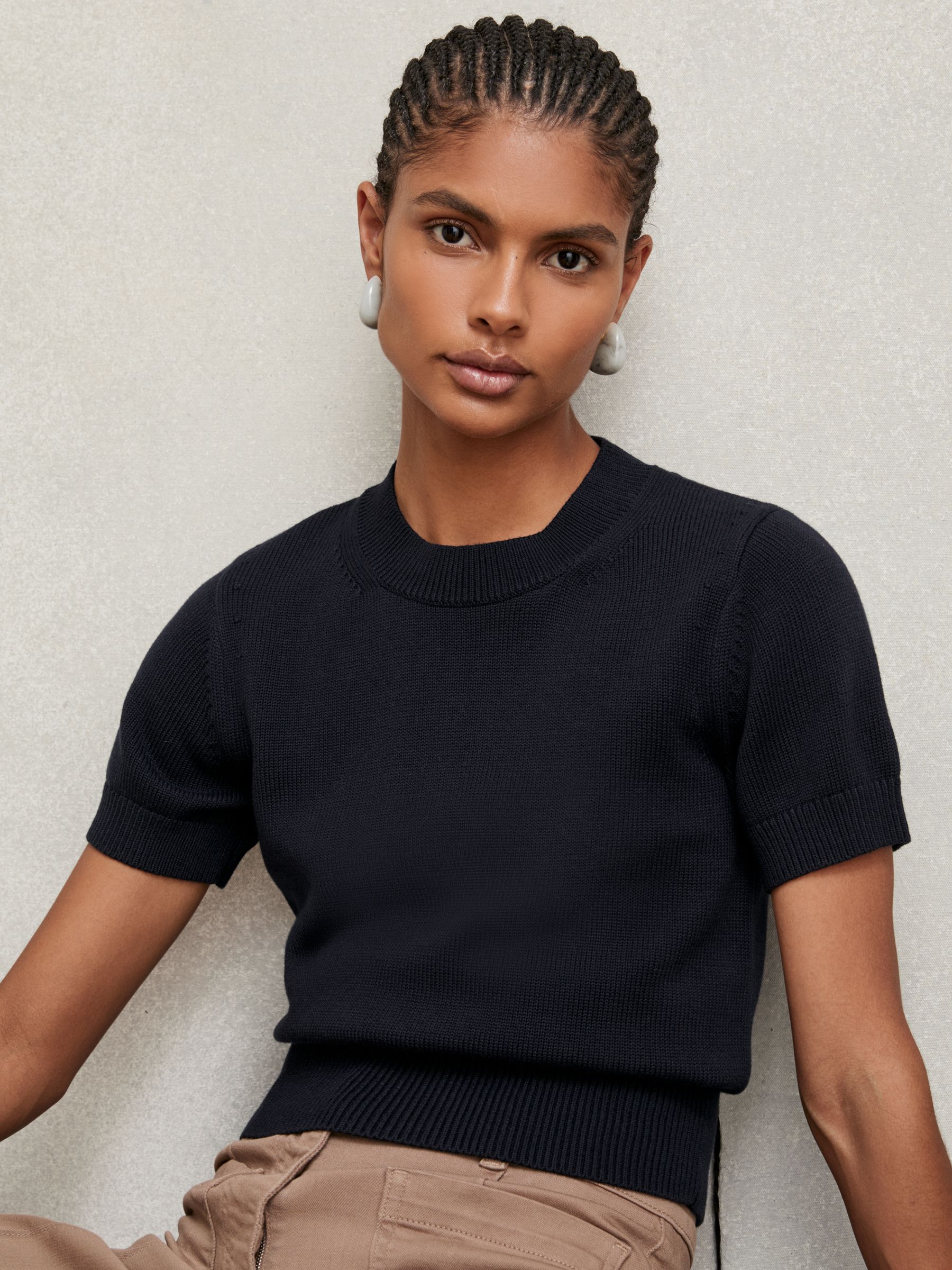Cotton And Wool Crew-Neck Top in Navy