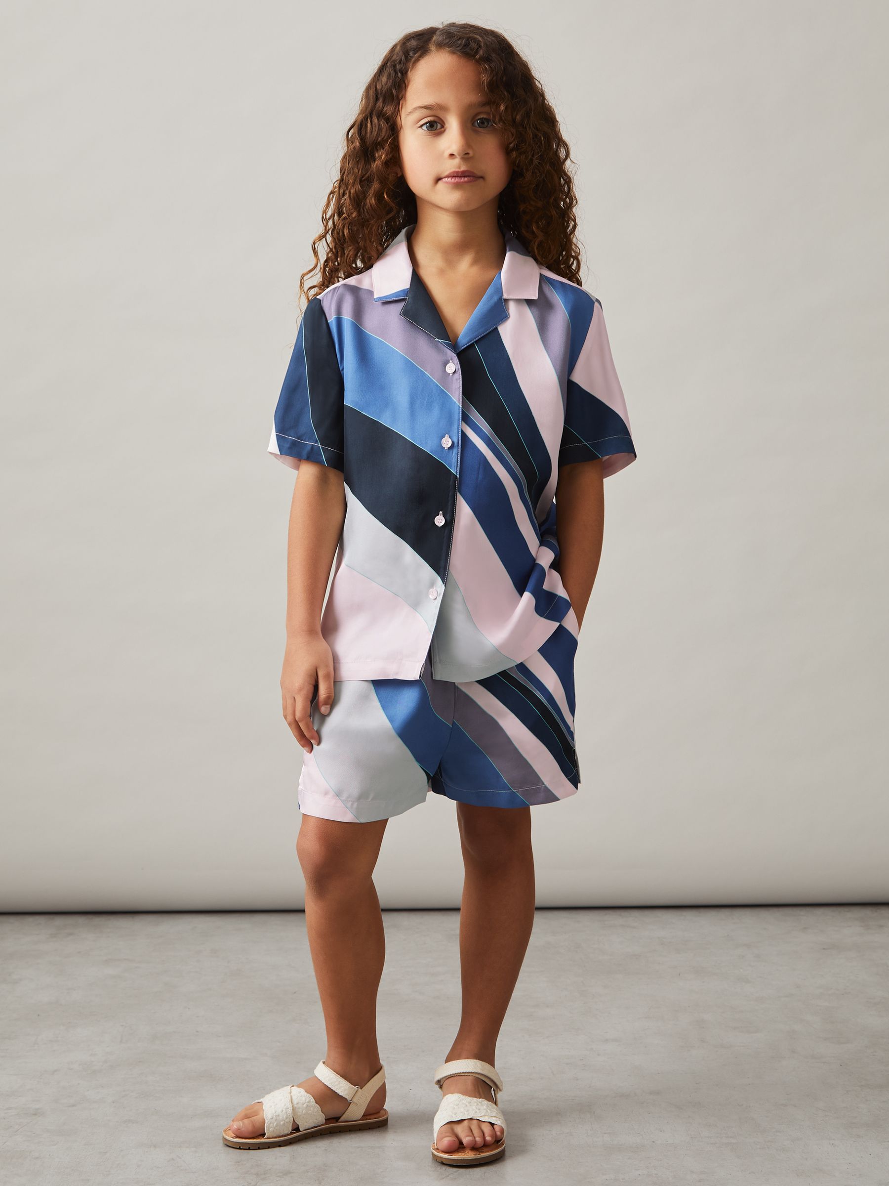 9-13 yrs Printed Cuban Collar Shirt in Blue Print