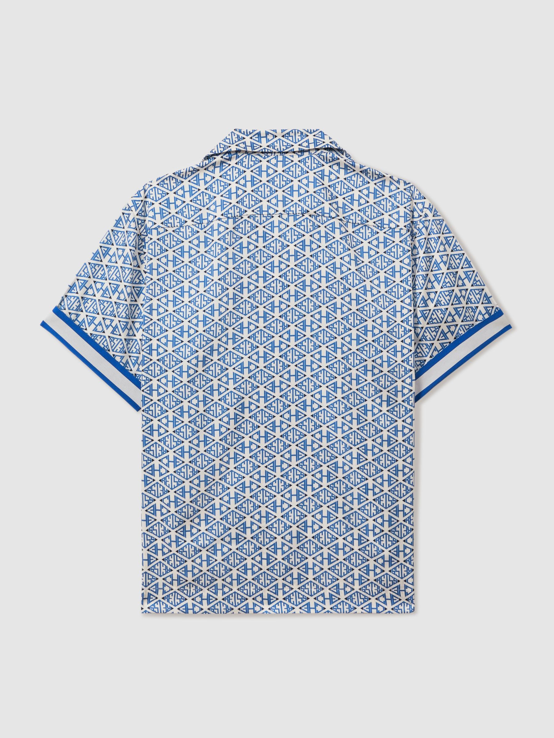Reiss | Ché Monogram Print Cuff Detail Cuban Collar Shirt in Bright Blue/White