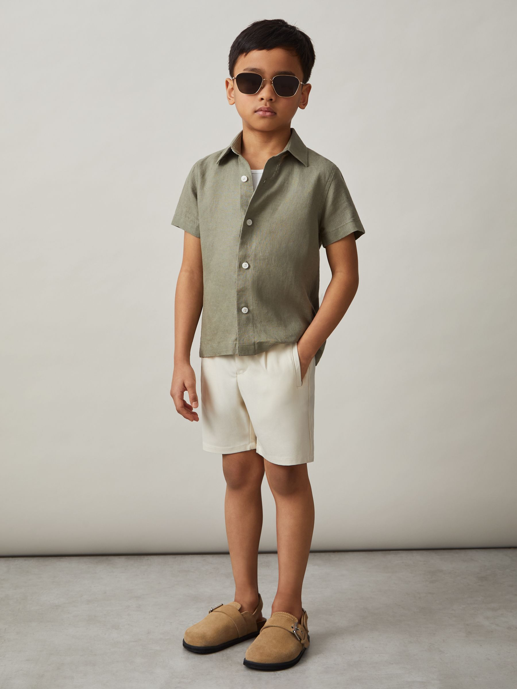 9-13 yrs Linen Short-Sleeve Shirt in Thyme Green