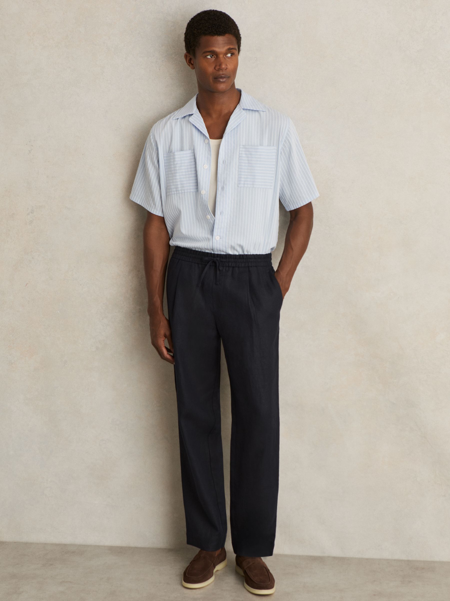 Linen Drawstring Relaxed-Fit Trousers in Navy
