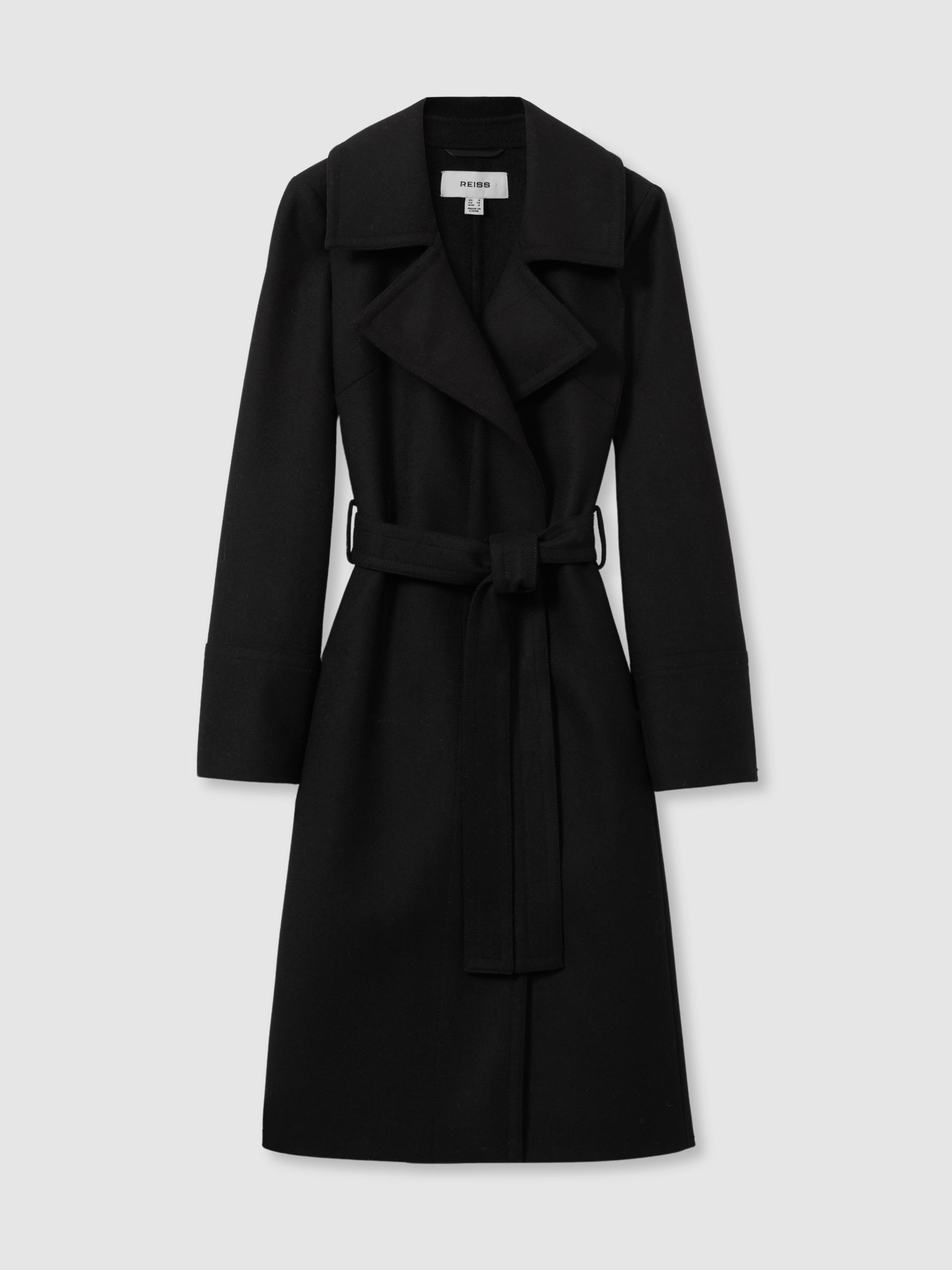 Wool Blend Belted Double Breasted Coat With Cashmere in Black