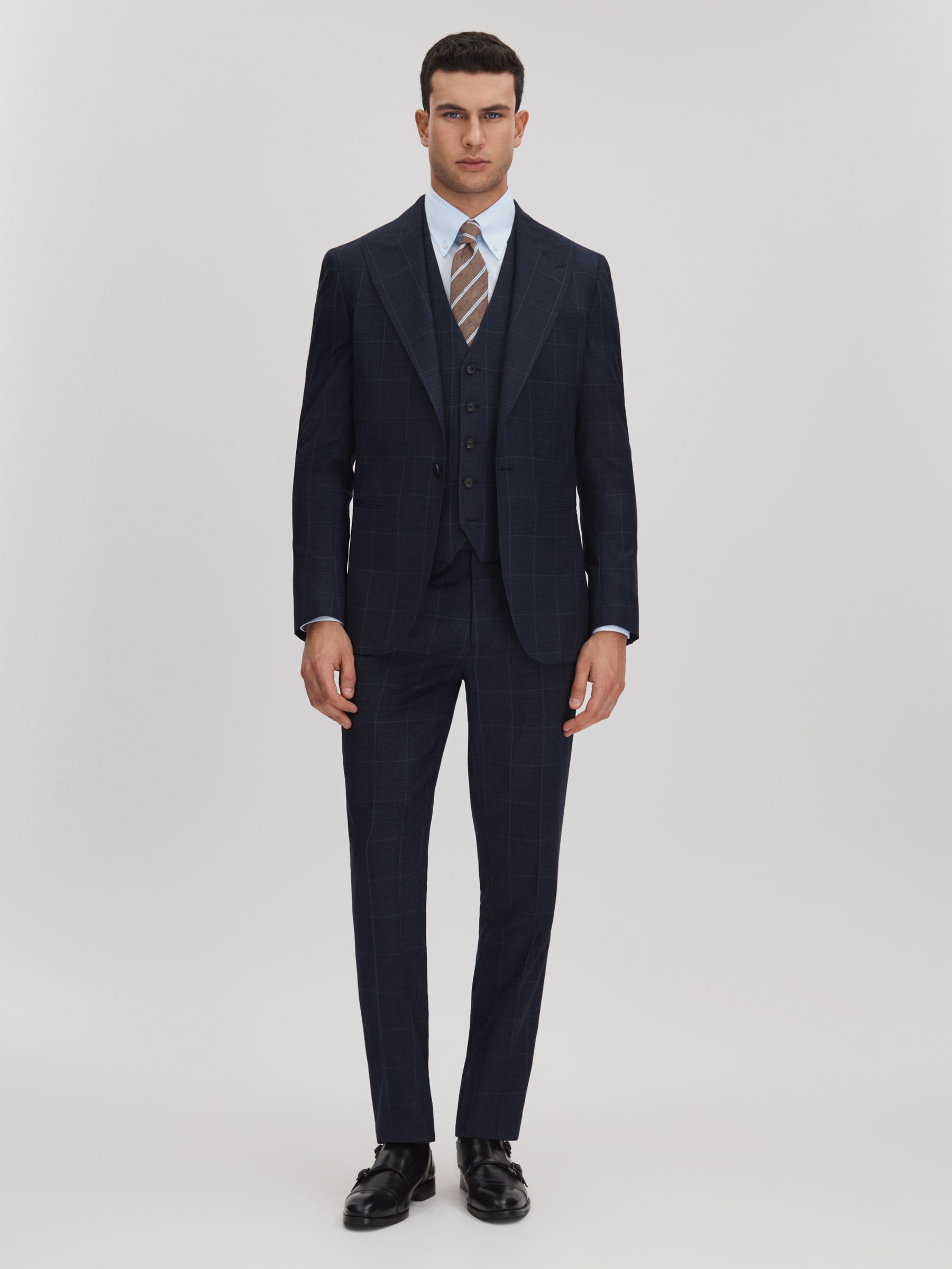 Klink Navy Wool Check Single Breasted Slim Fit Waistcoat