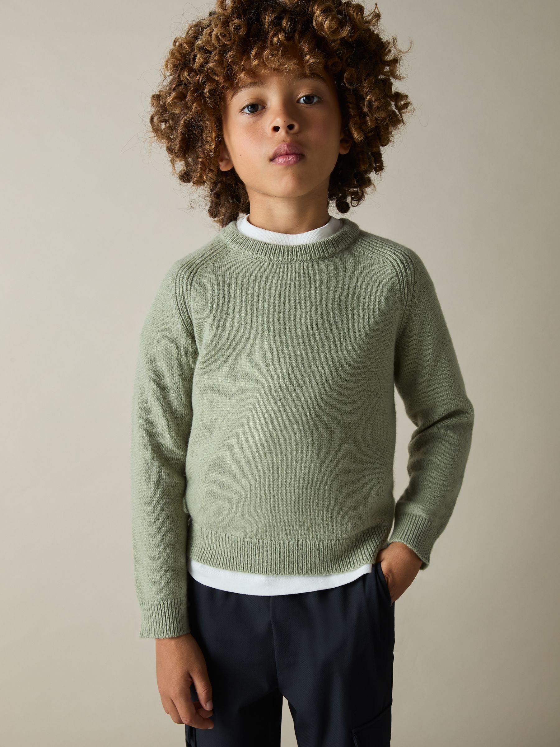 9-13 yrs Merino Wool-Blend Crew-Neck Jumper in Sage Green