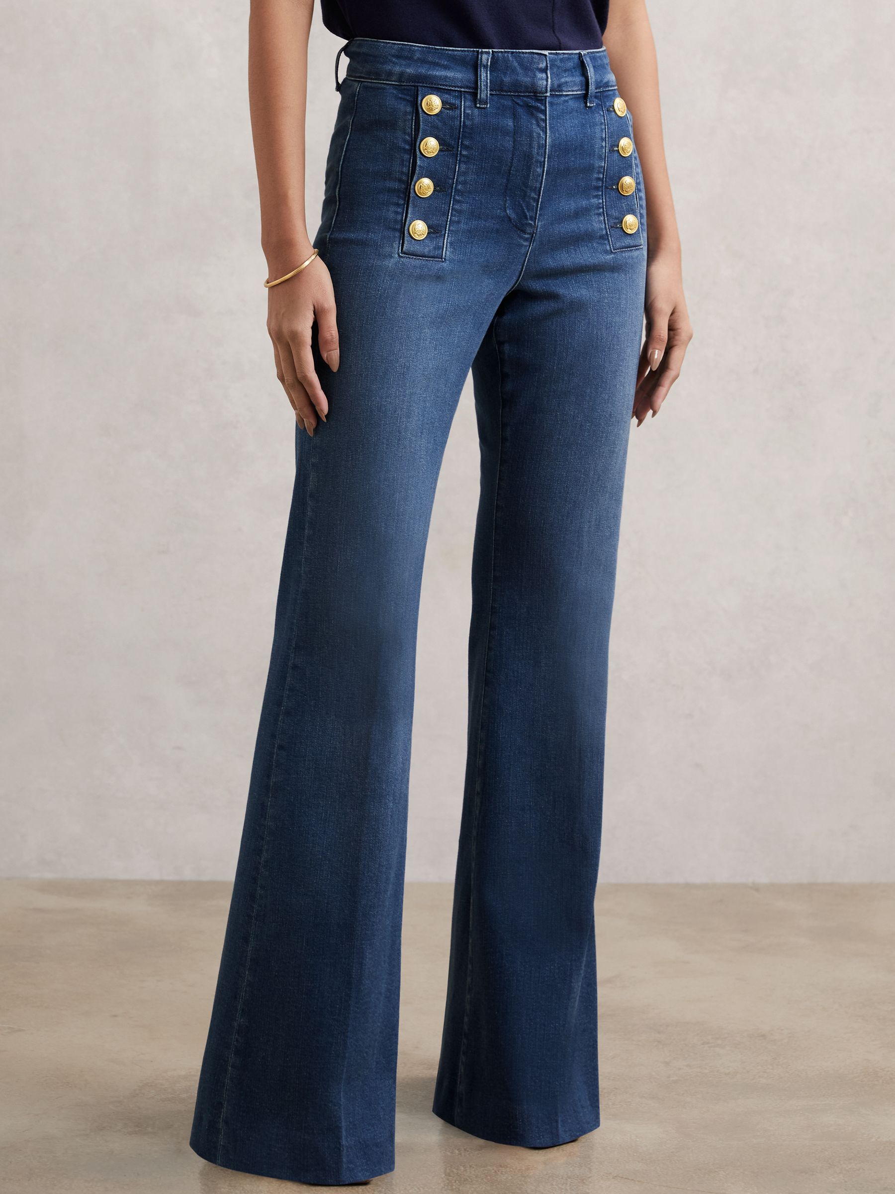 Petite Button-Detail High-Rise Flared Jeans in Mid Blue