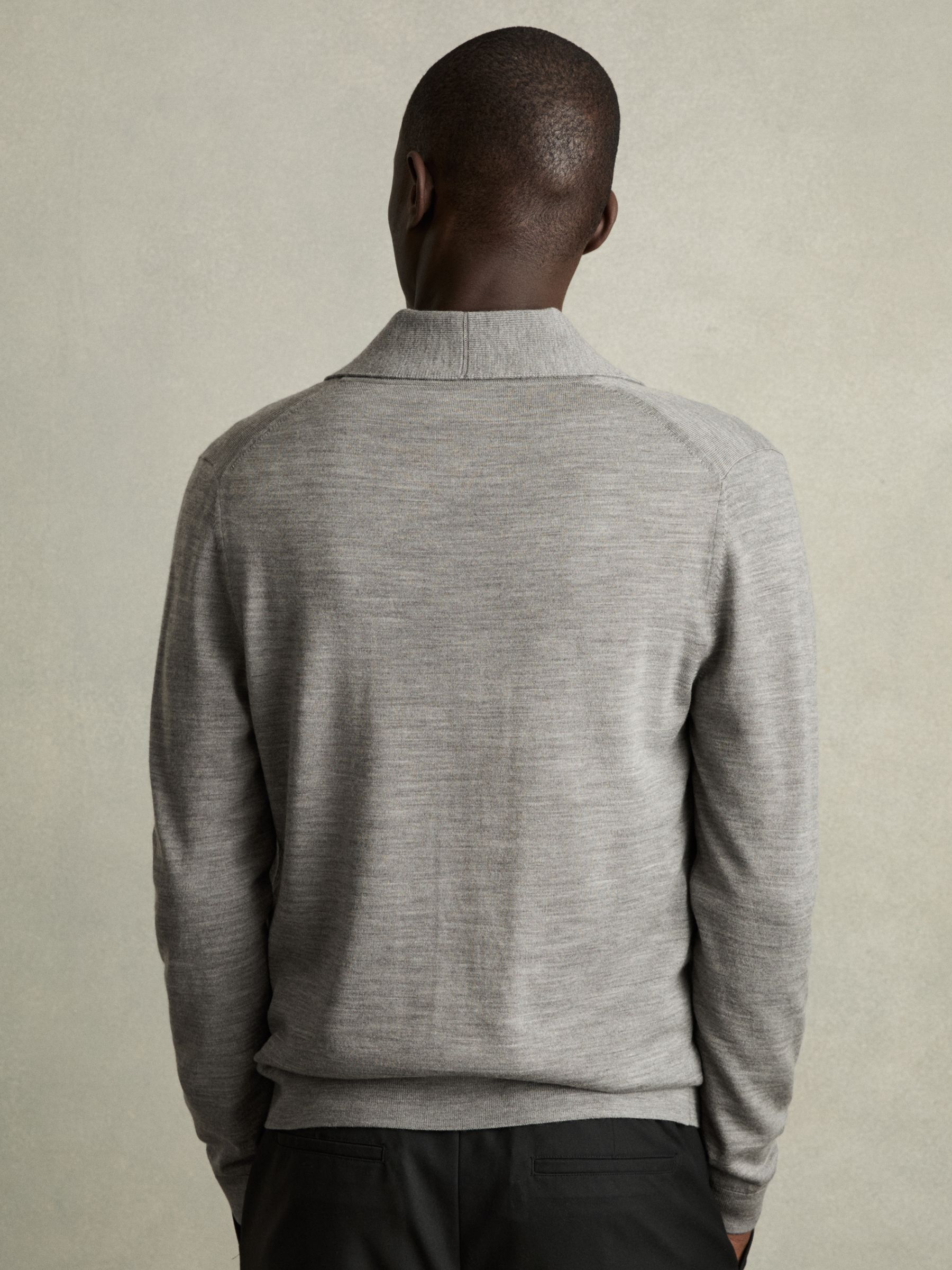 Merino Wool Shawl-Collar Cardigan in Warm Grey Melange