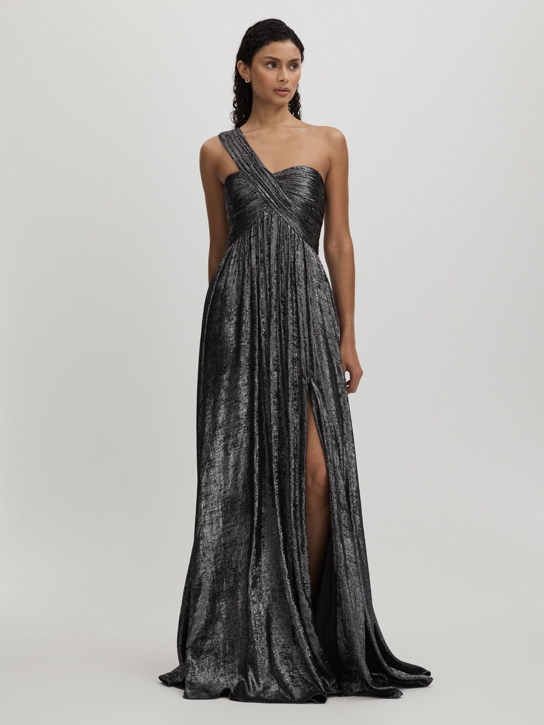 Amur Metallic One Shoulder Maxi Dress in Dark Grey