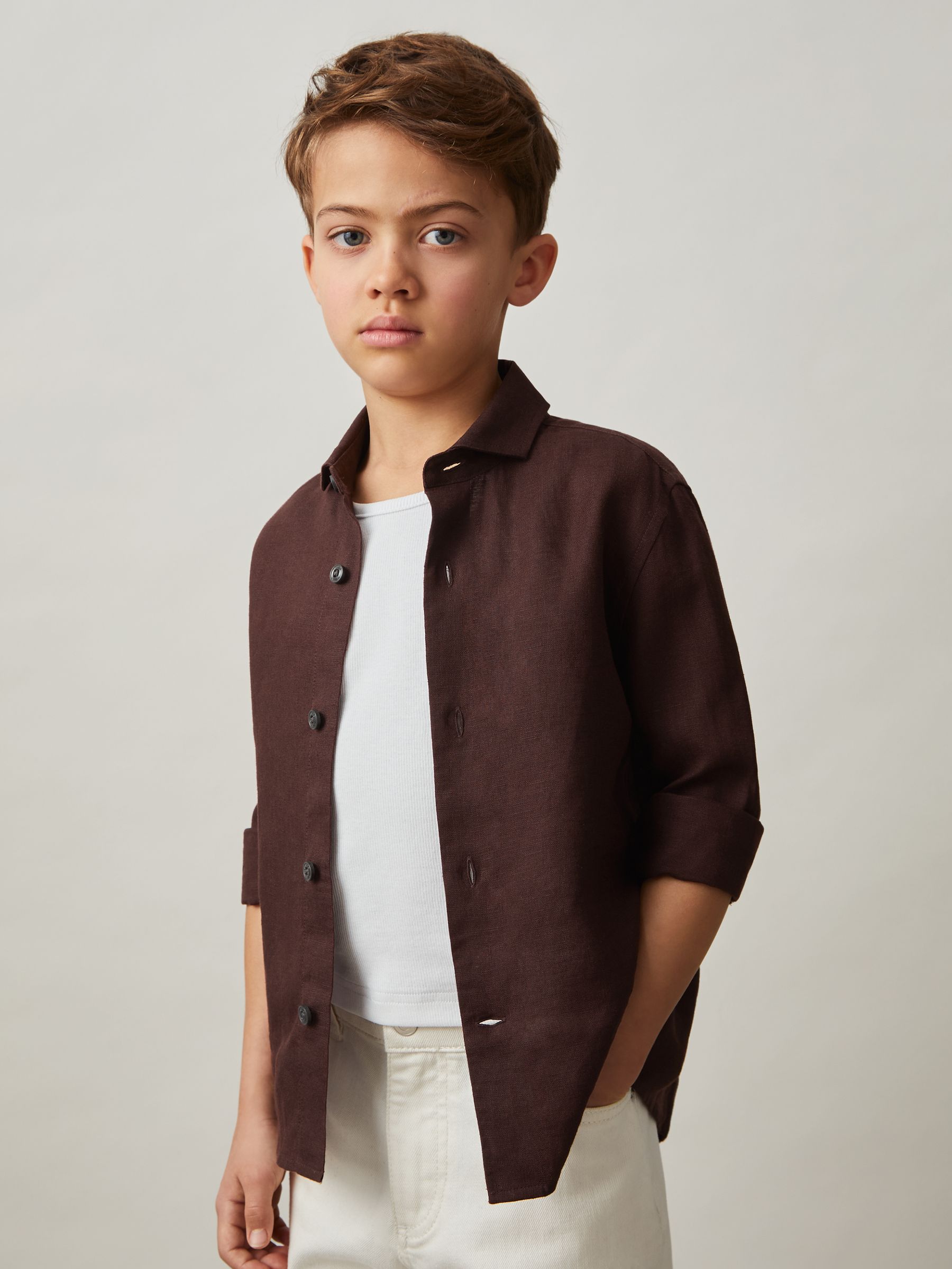 3-9 yrs Linen Cutaway Collar Shirt in Dark Brown
