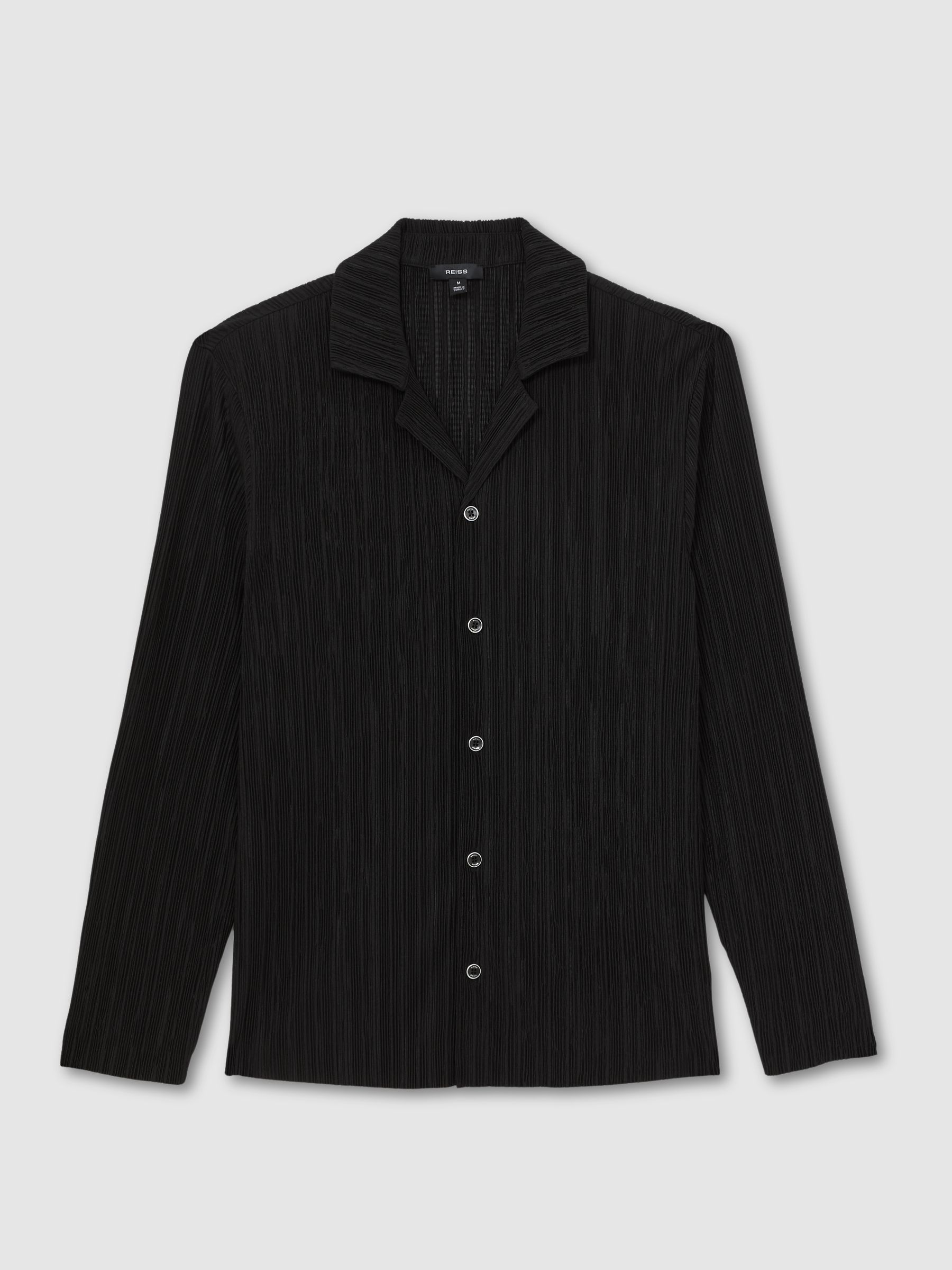 Plissé Cuban-Collar Long-Sleeve Shirt in Black