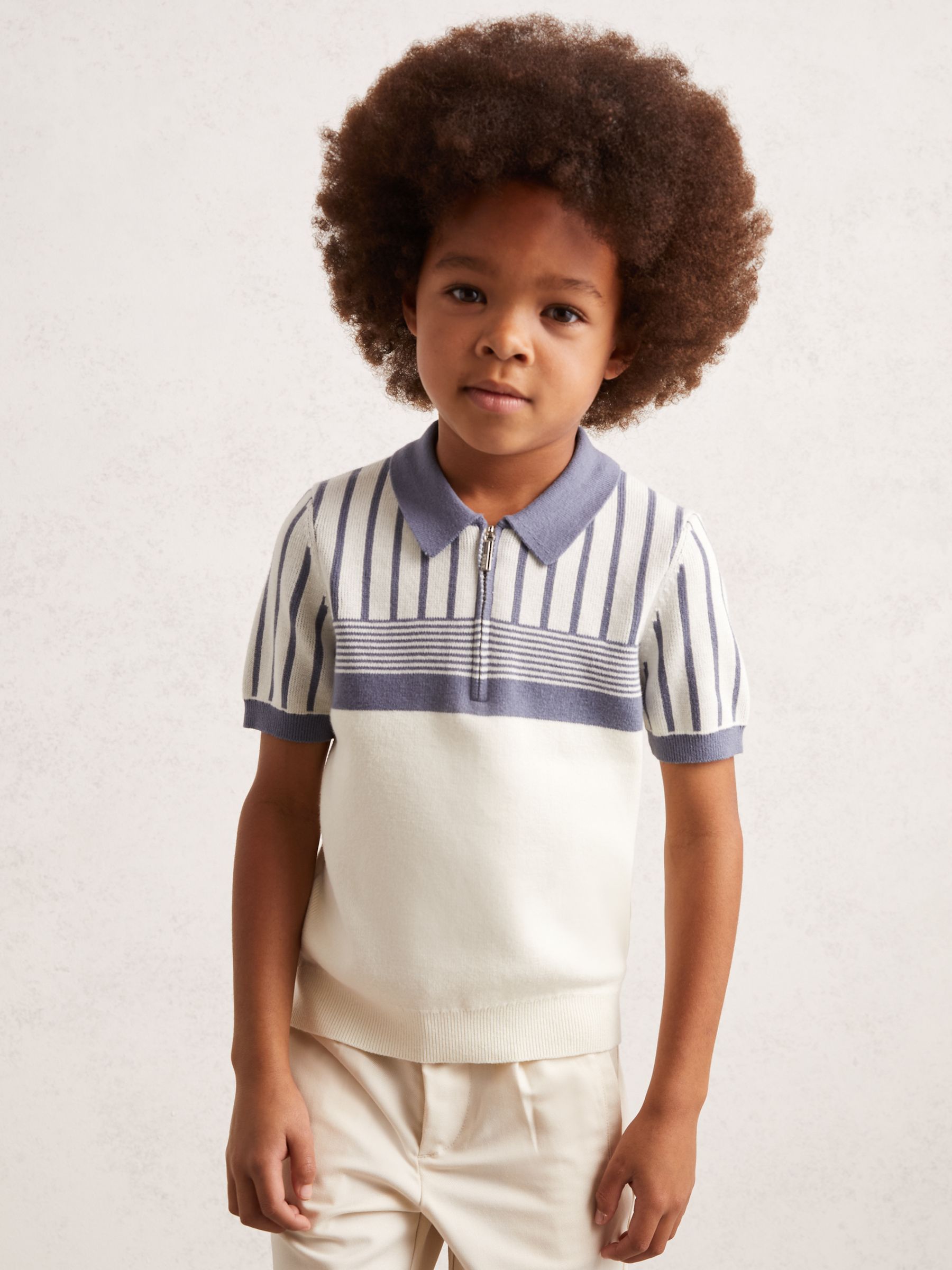 3-9 yrs Cotton Stripe Knit Half-Zip Polo Shirt in Off White/ Airforce Blue
