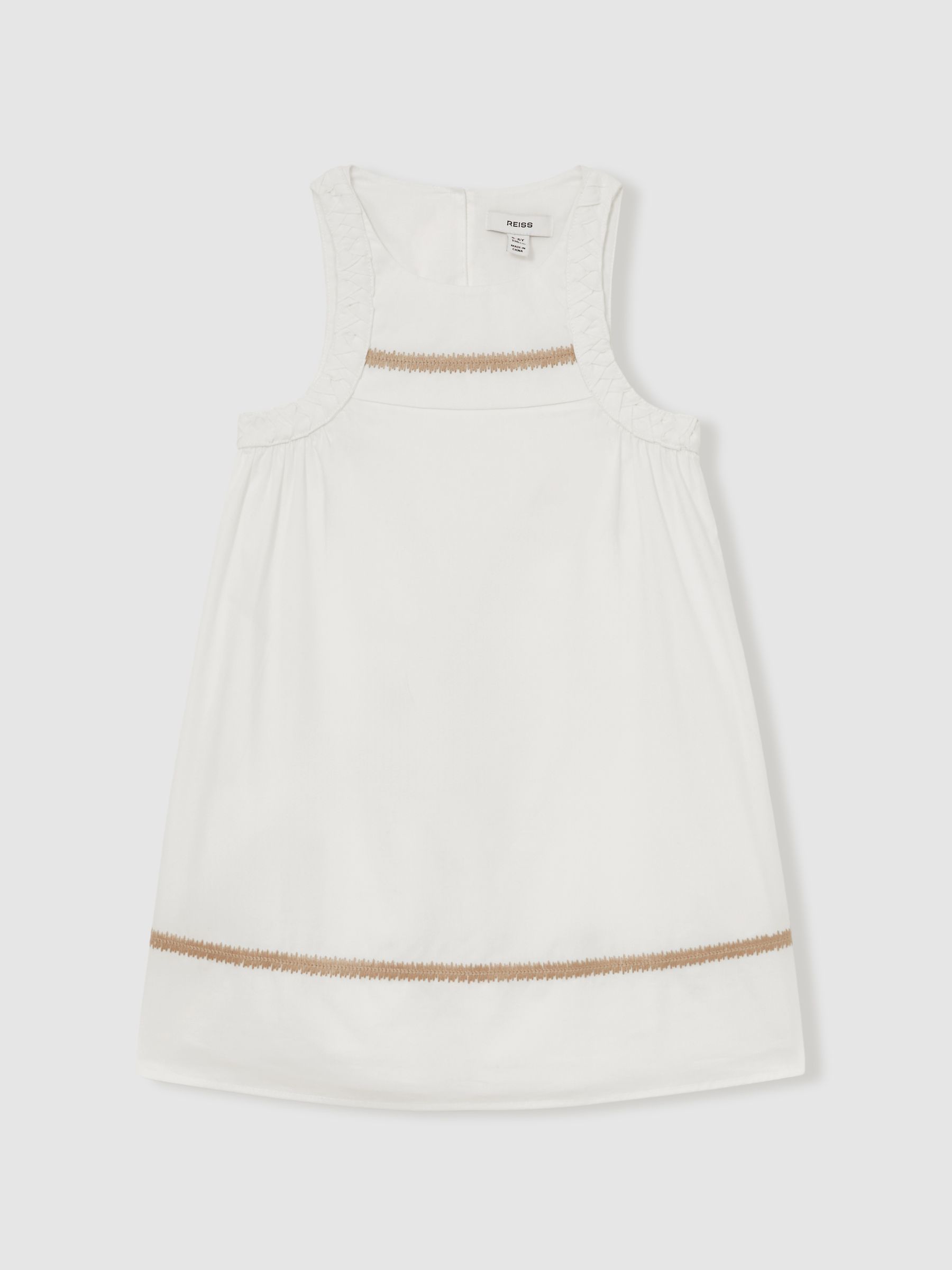 13-14 yrs Cotton Plaited-Trim Sleeveless Dress in Ivory