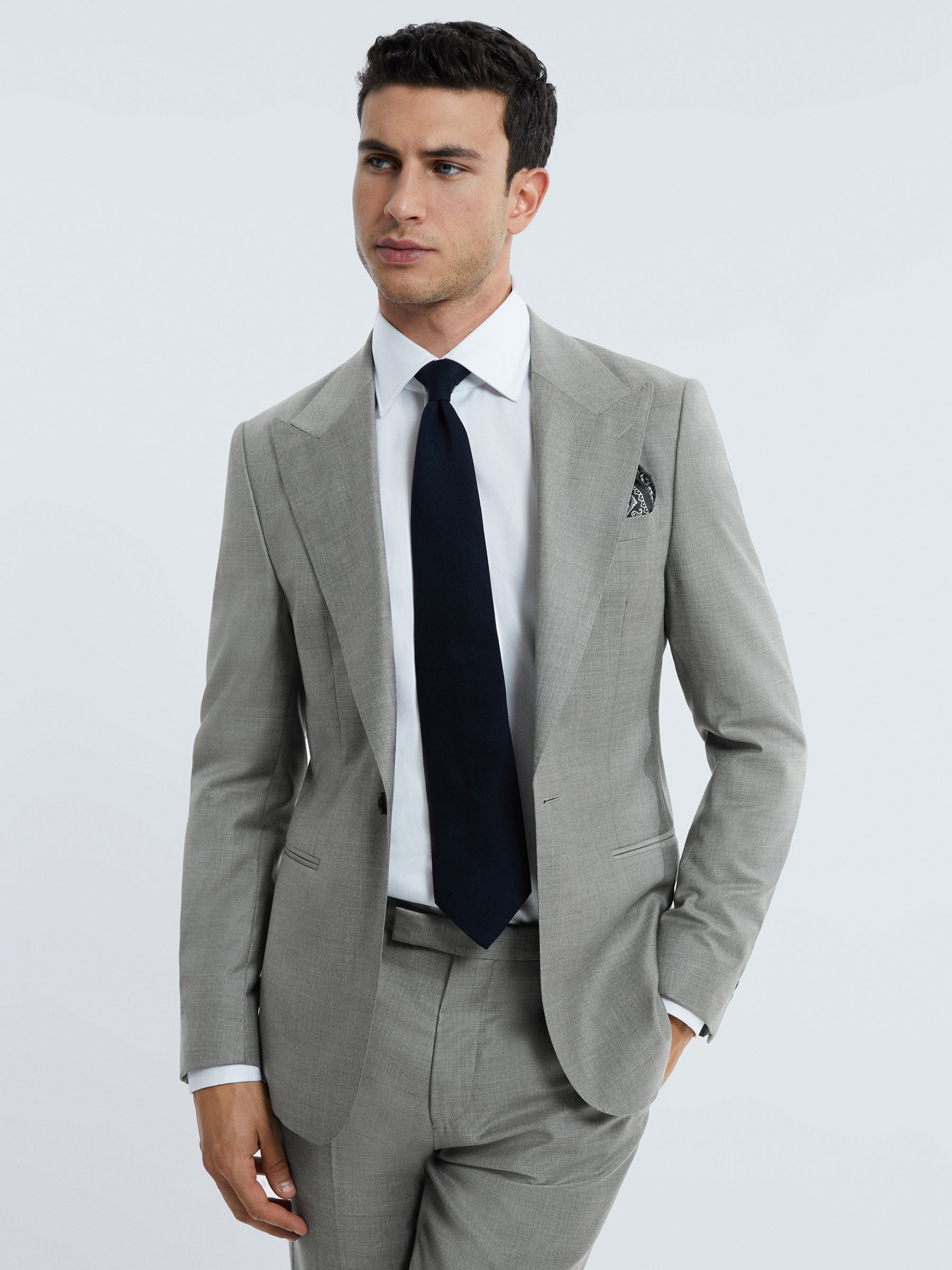 Atelier Wool Cashmere Slim Fit Single Breasted Blazer in Grey Melange