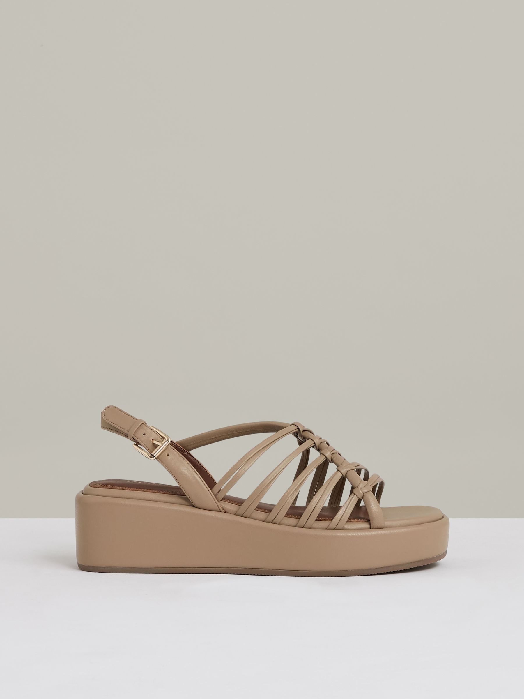 Leather Knot Strappy Platform Sandals in Beige