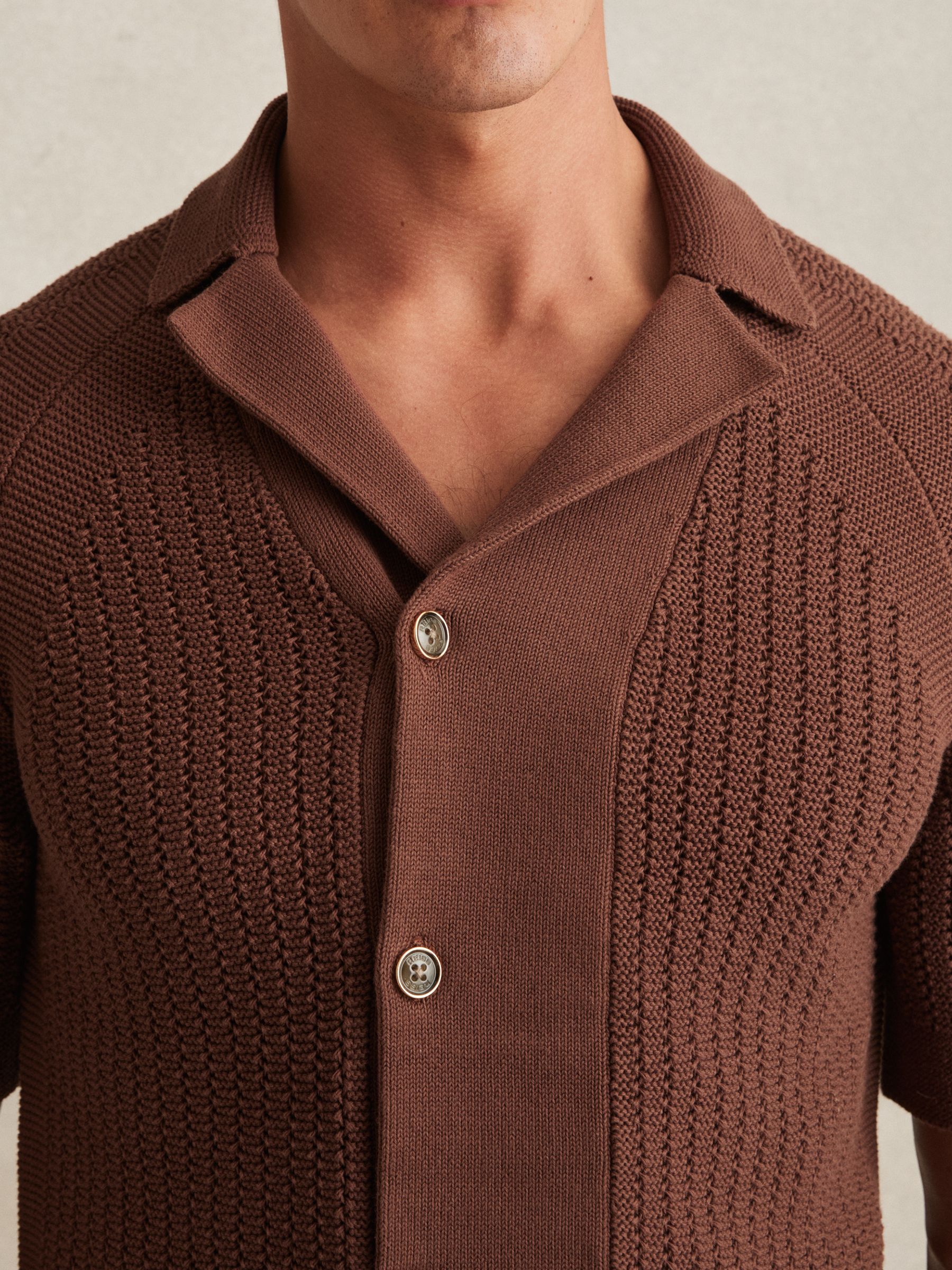 Cotton Textured-Knit Cuban-Collar Shirt in Tobacco Brown