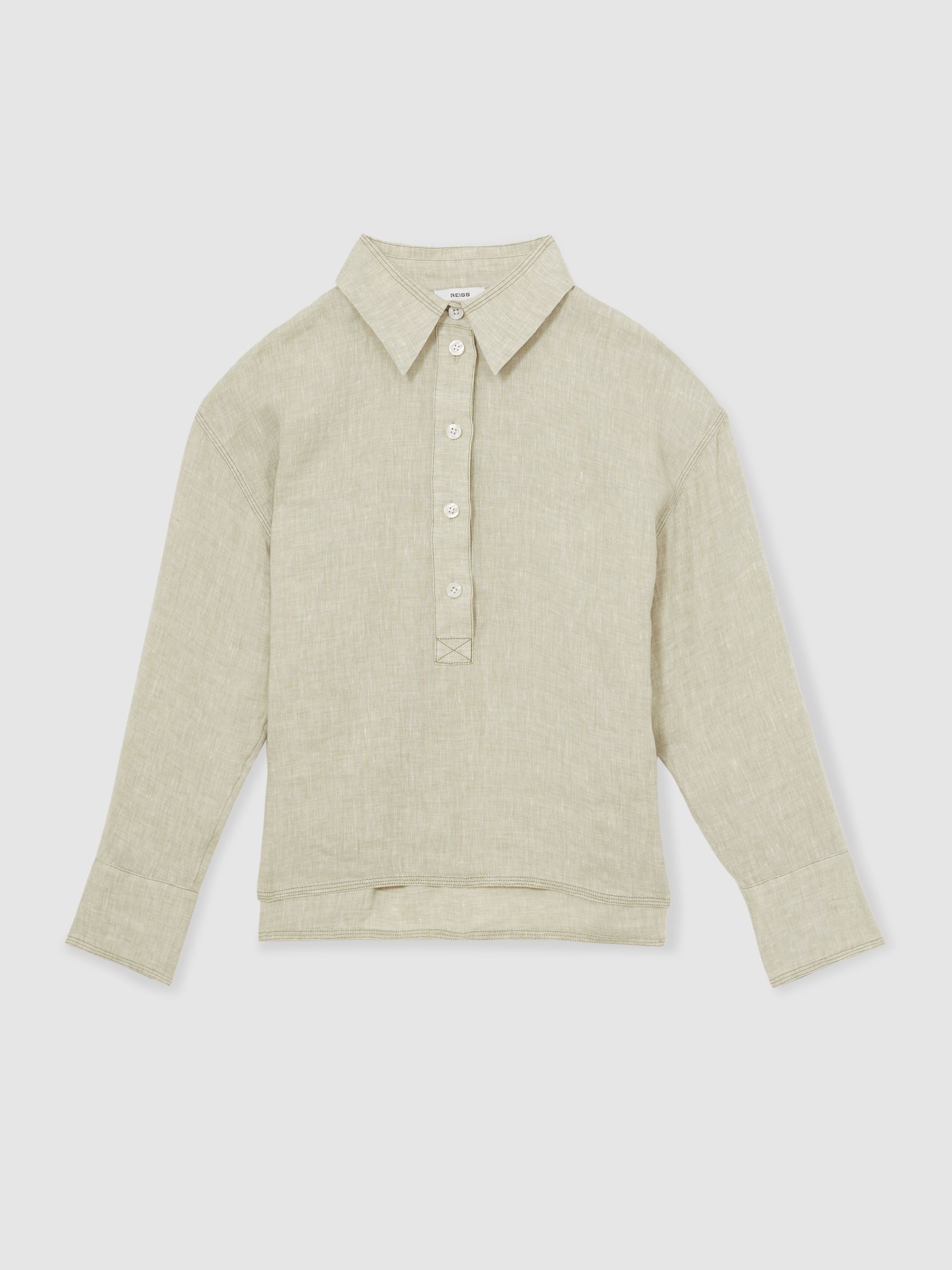 Linen Overhead Open-Collar Shirt in Sage