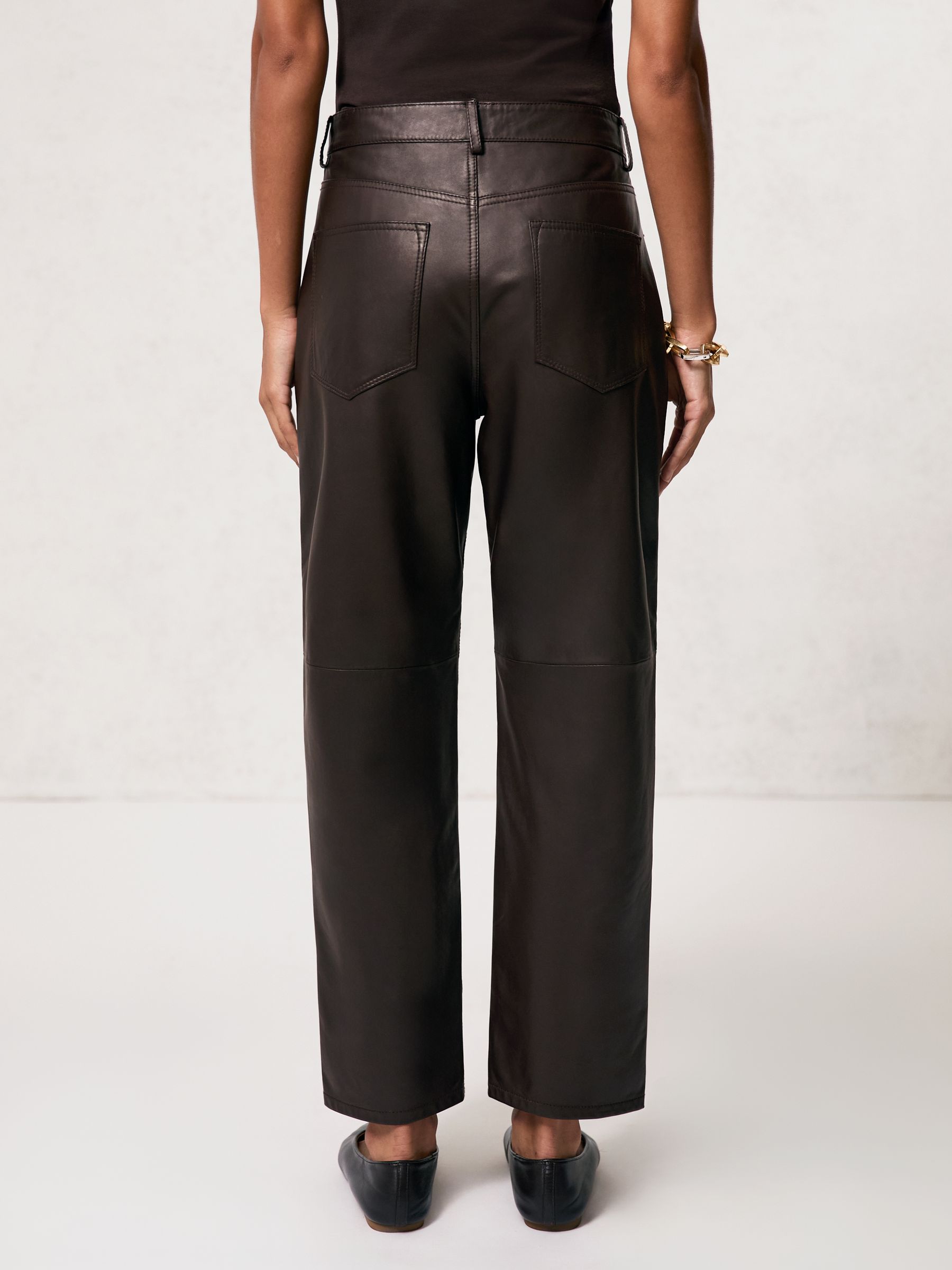 Petite Leather Slim-Leg Trousers in Chocolate