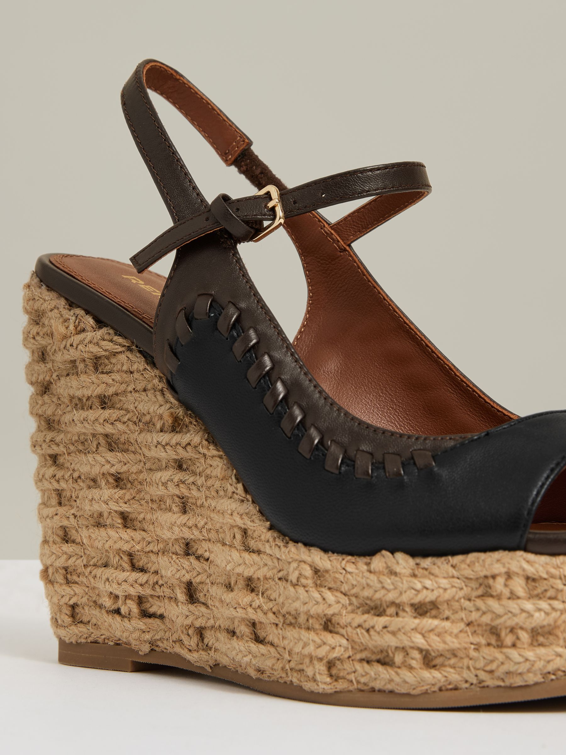 Leather Whipstitch Wedge Sandals in Chocolate/Black