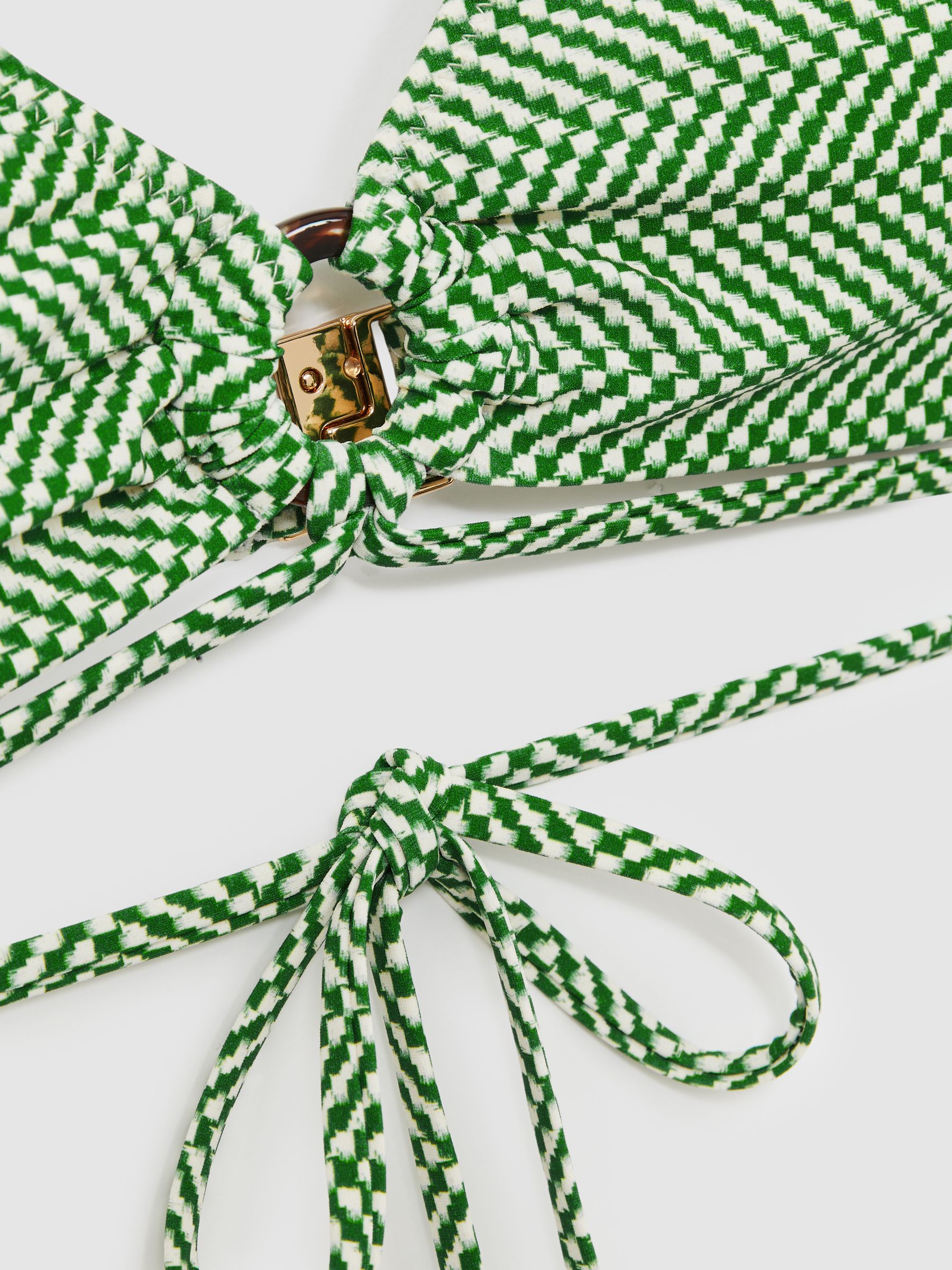 Chequered-Print Triangle Bikini Top in Green/White
