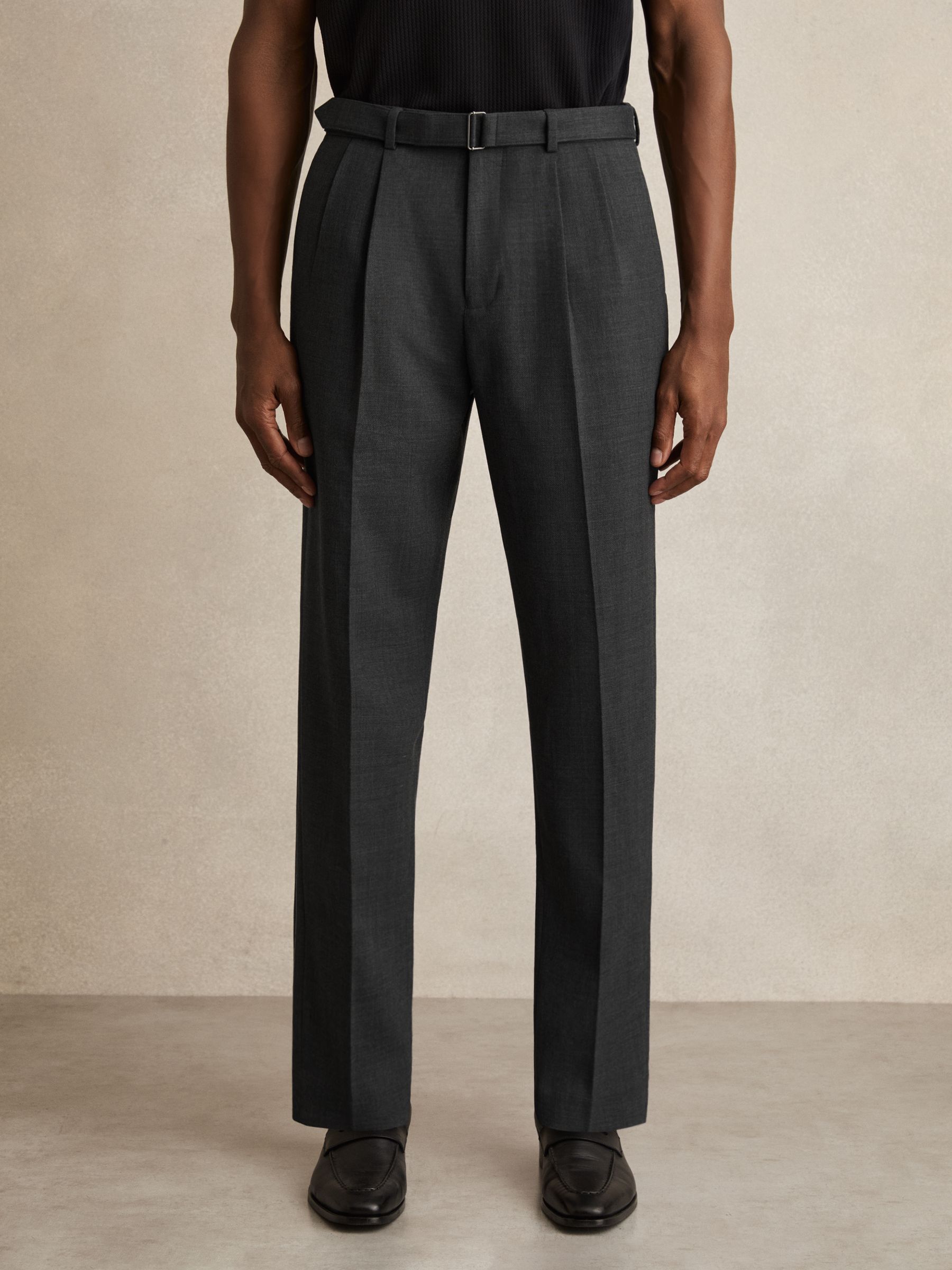 Wool-Blend Belted Trousers in Charcoal Grey