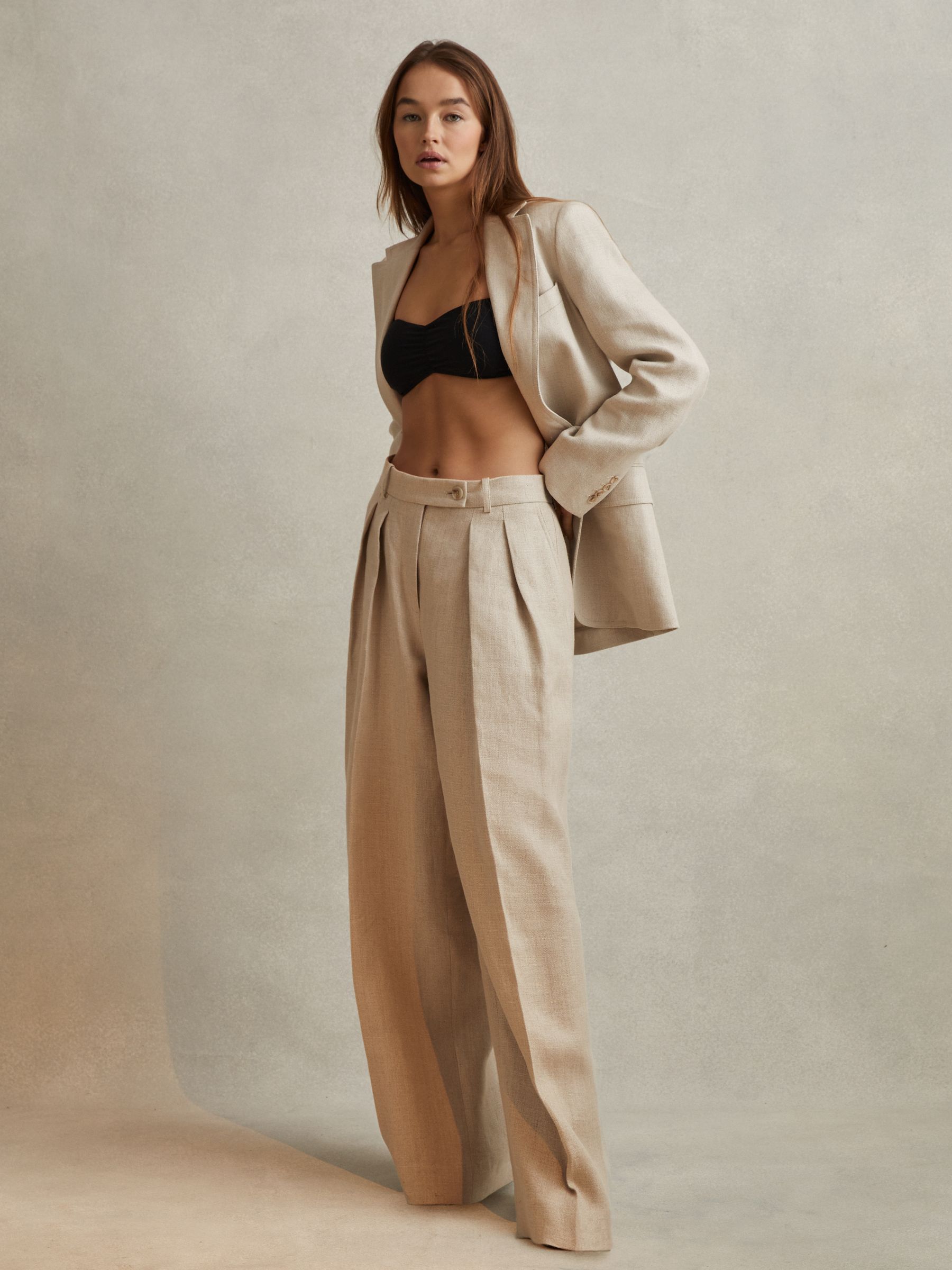 Linen Wide Leg Suit Trousers in Natural
