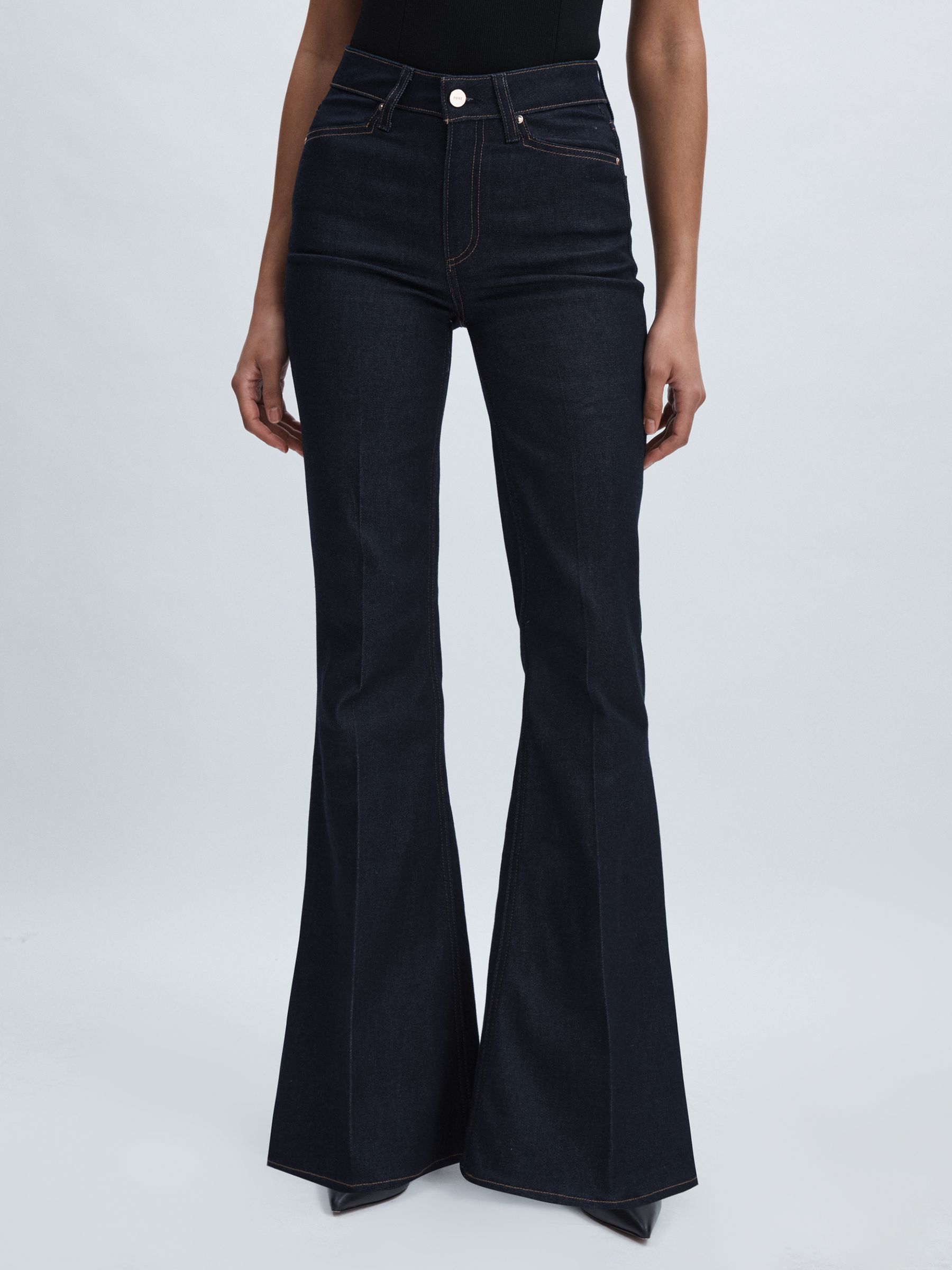 Paige Angled-Waist Flared Jeans in Kira Blue