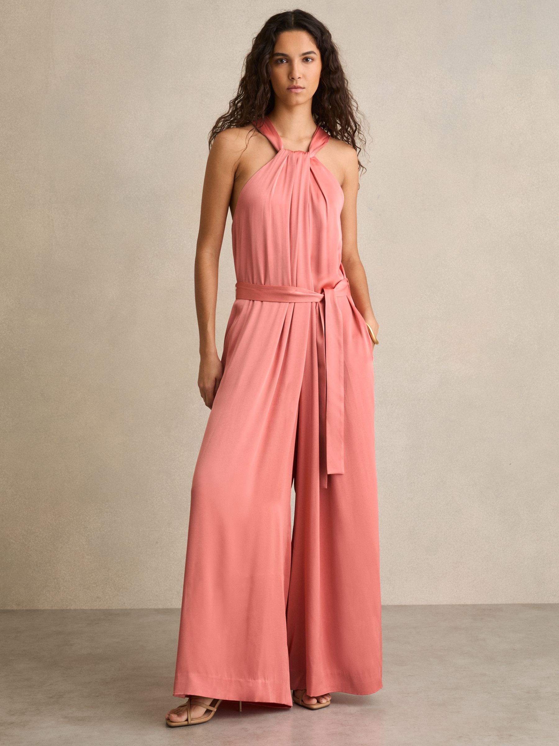Petite Satin Wide-Leg Draped Jumpsuit in Pink