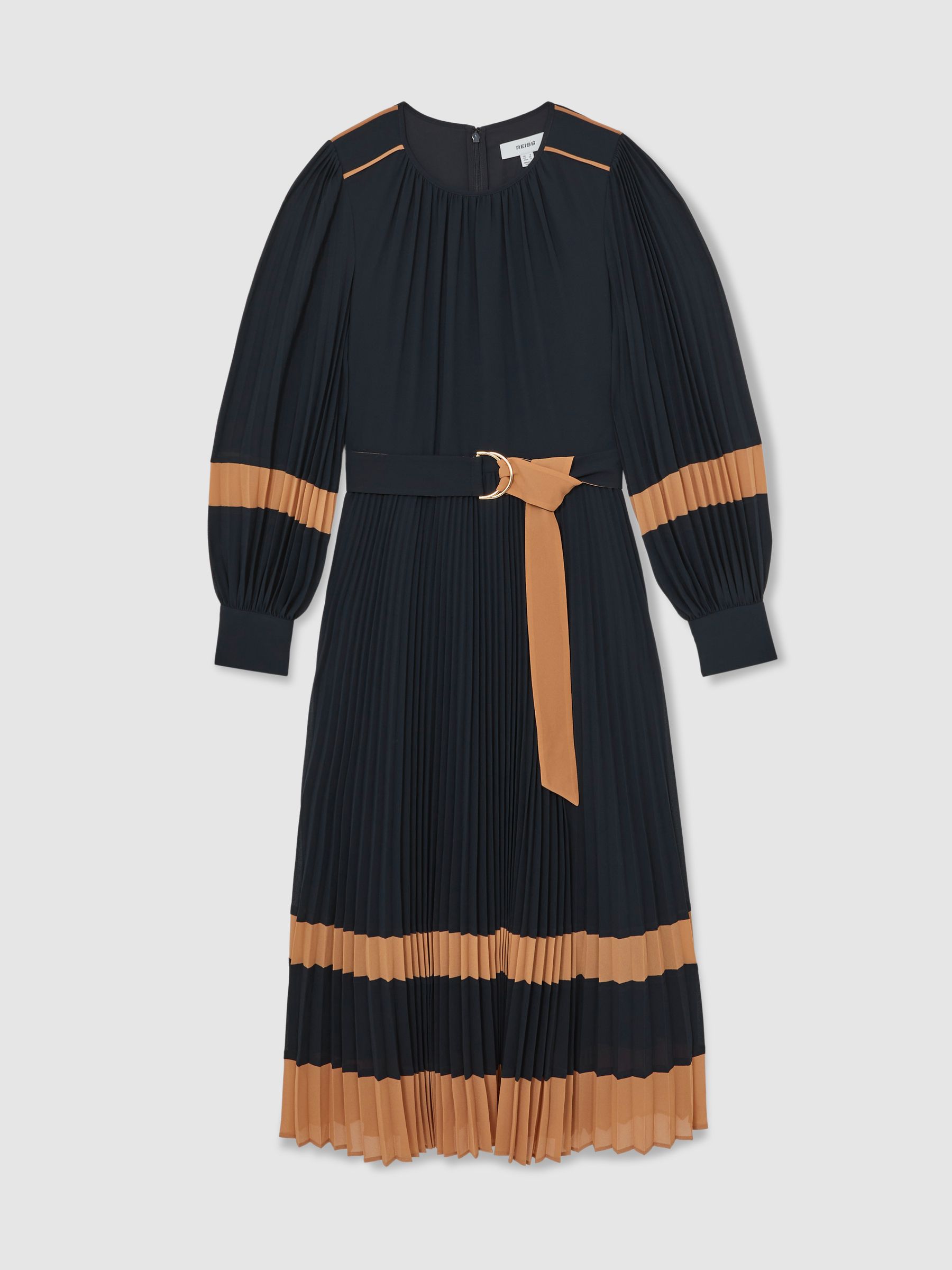 Colour-Block Pleated Midi Dress in Navy/Camel