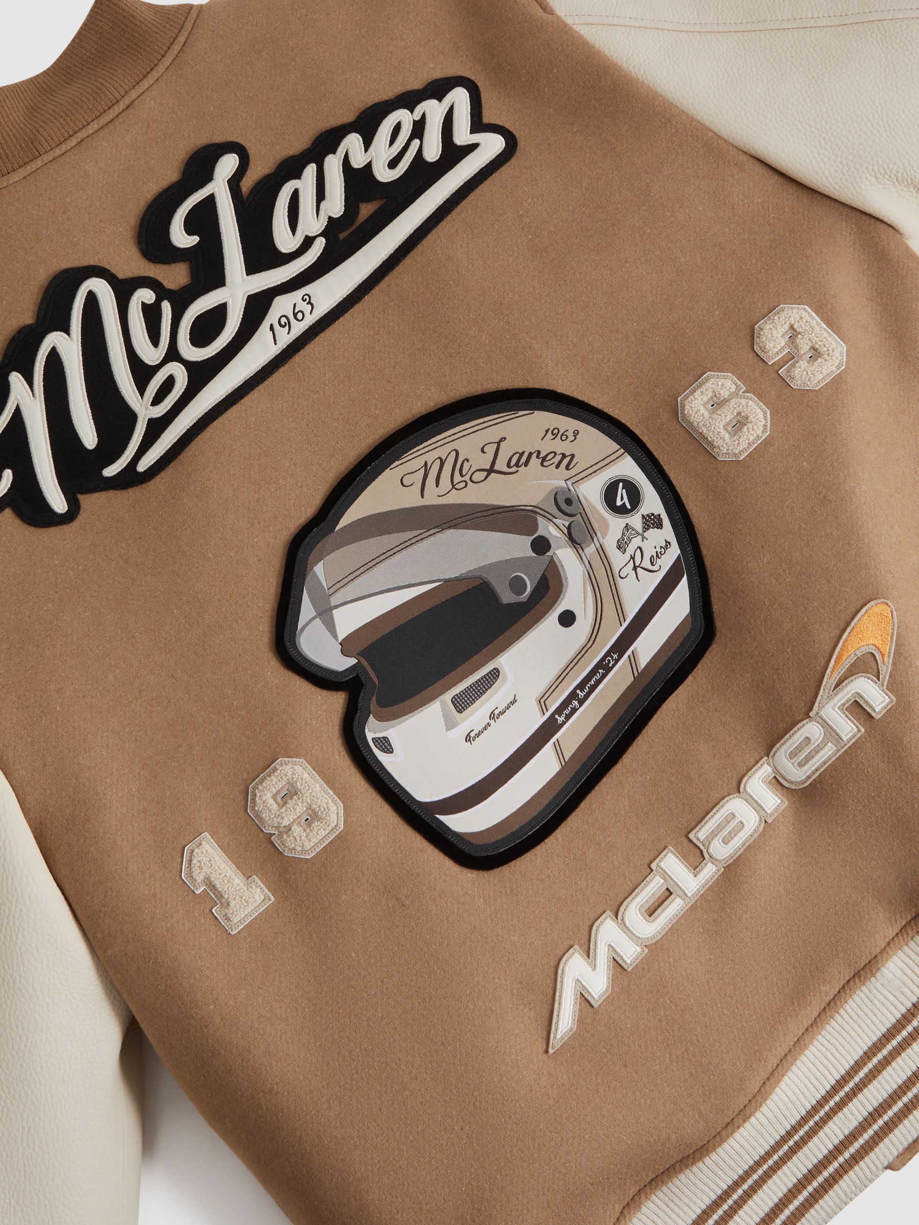 McLaren F1 Leather Varsity Jacket in Camel/Ecru