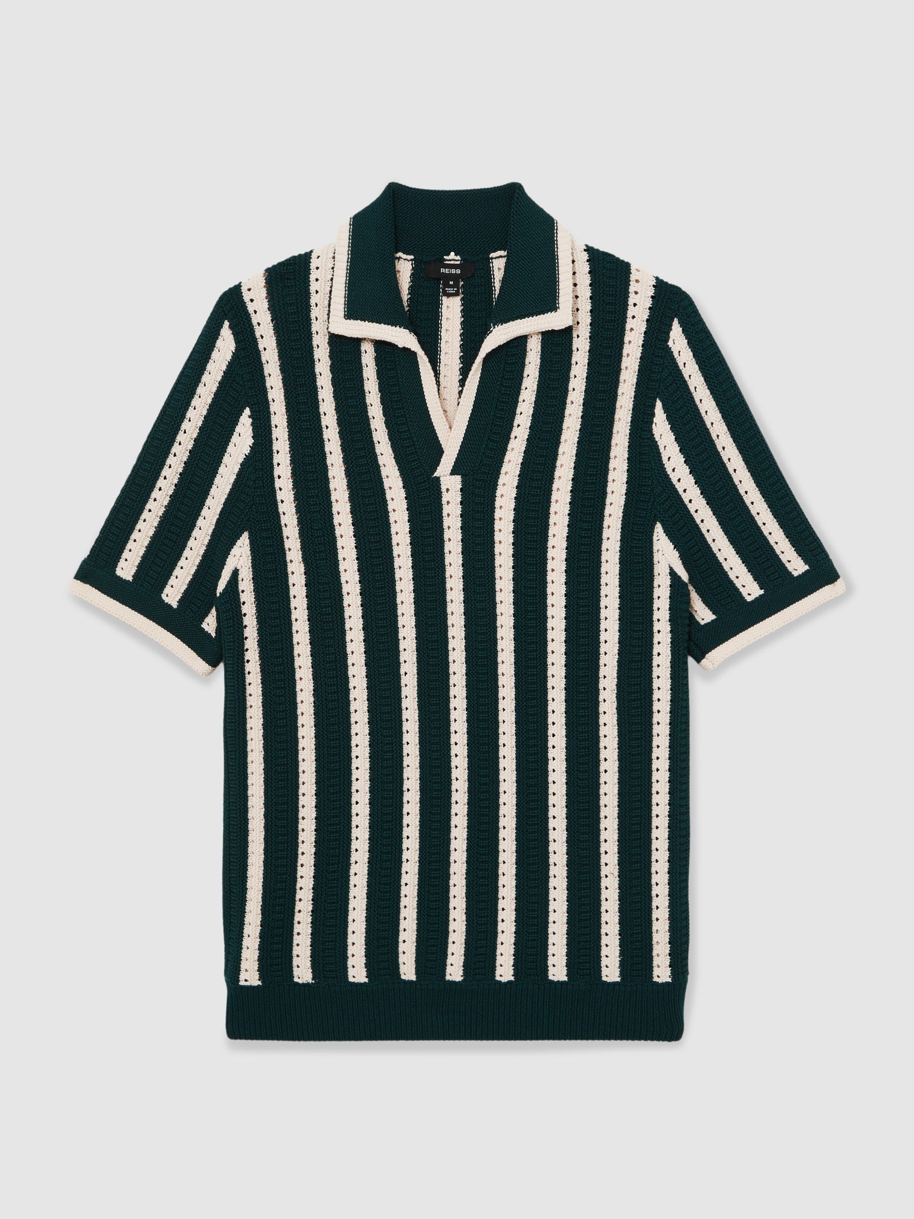 Cotton Blend Stripe Knit Polo Shirt in Dark Teal Green/Ecru