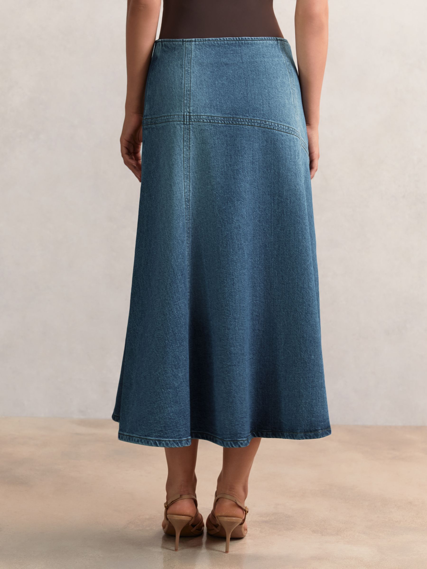 Denim Panelled Midi Skirt in Indigo