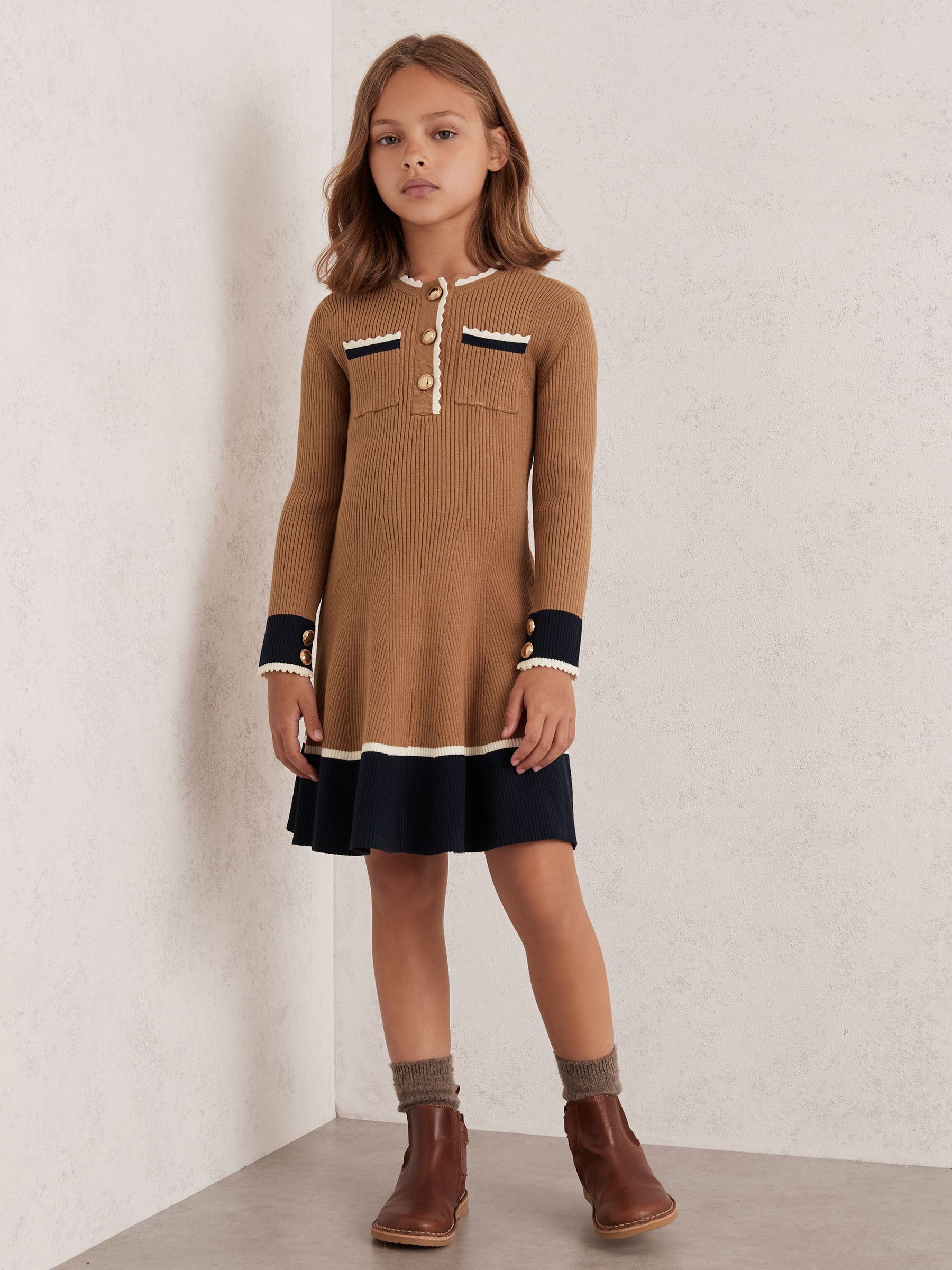 9-13 yrs Scallop-Trim Rib-Knit Dress in Camel