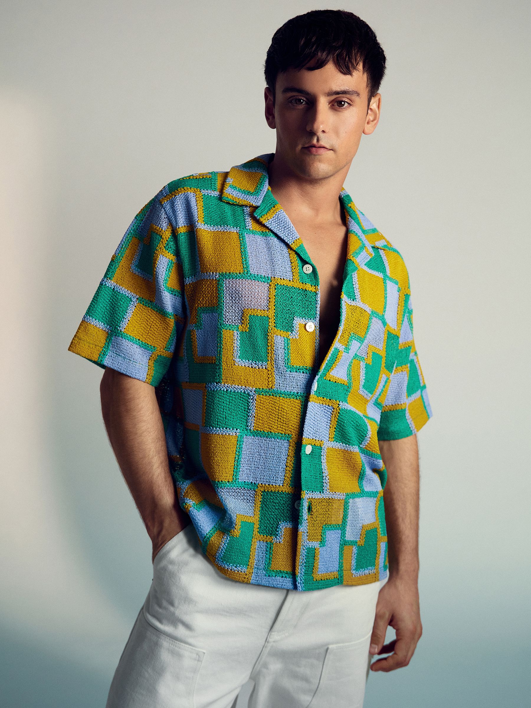 Reiss | Tom Daley Tile Crochet Shirt in Yellow/Green/Blue Multi