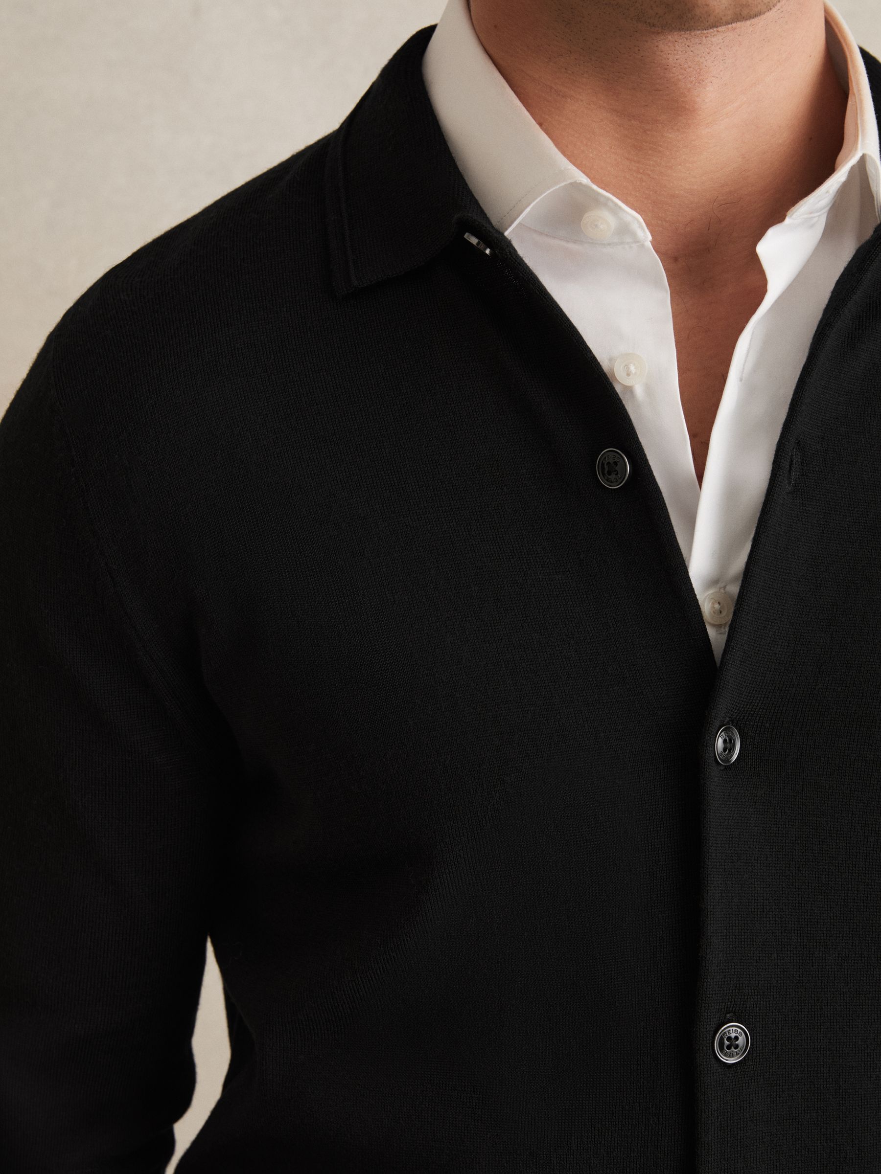 Merino Wool Button-Through Cardigan in Black