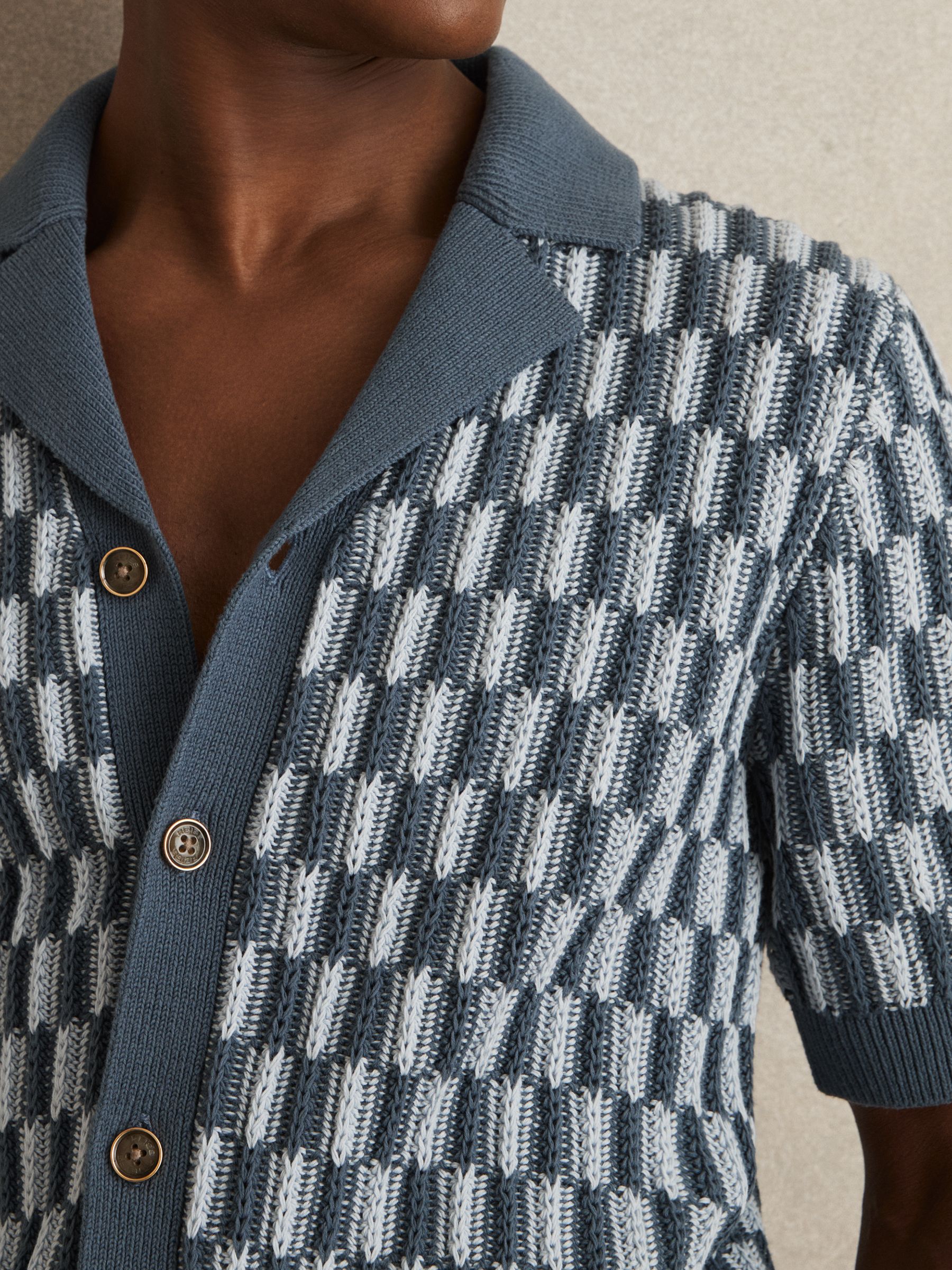 Cotton Checkerboard-Knit Shirt in Airforce Blue/Soft Blue