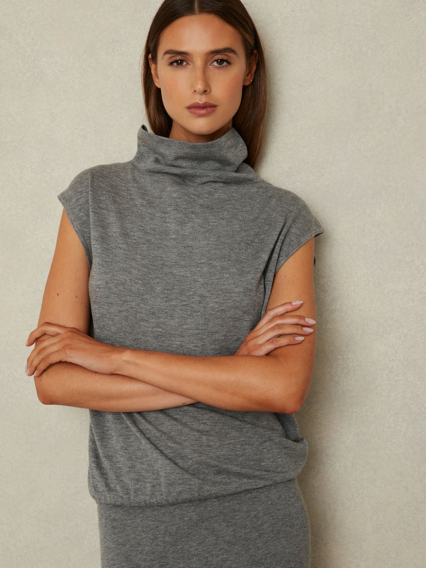 Knitted Wool-Cashmere Blouson Top Midi Dress in Grey