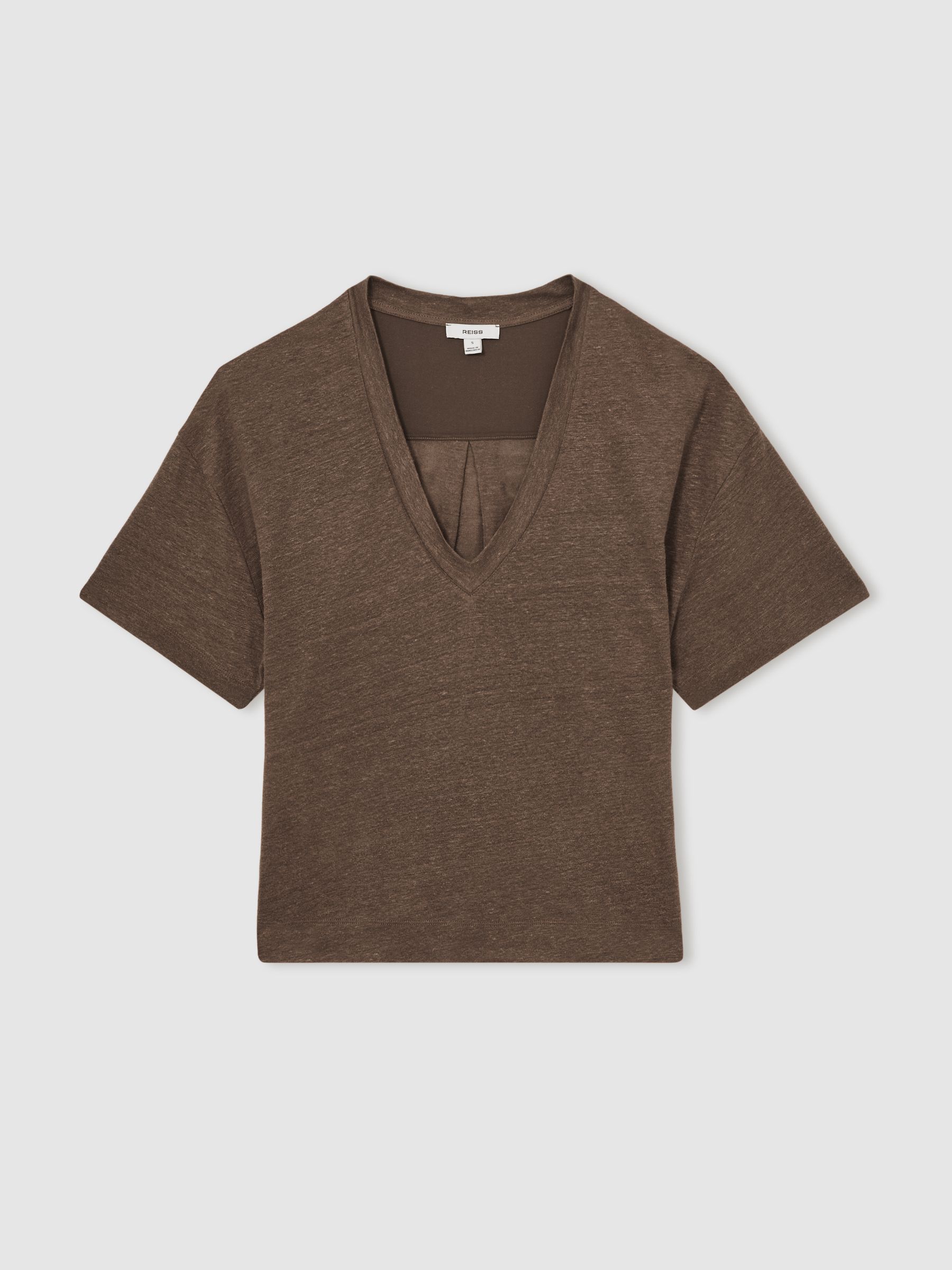 Linen V-Neck T-Shirt in Brown