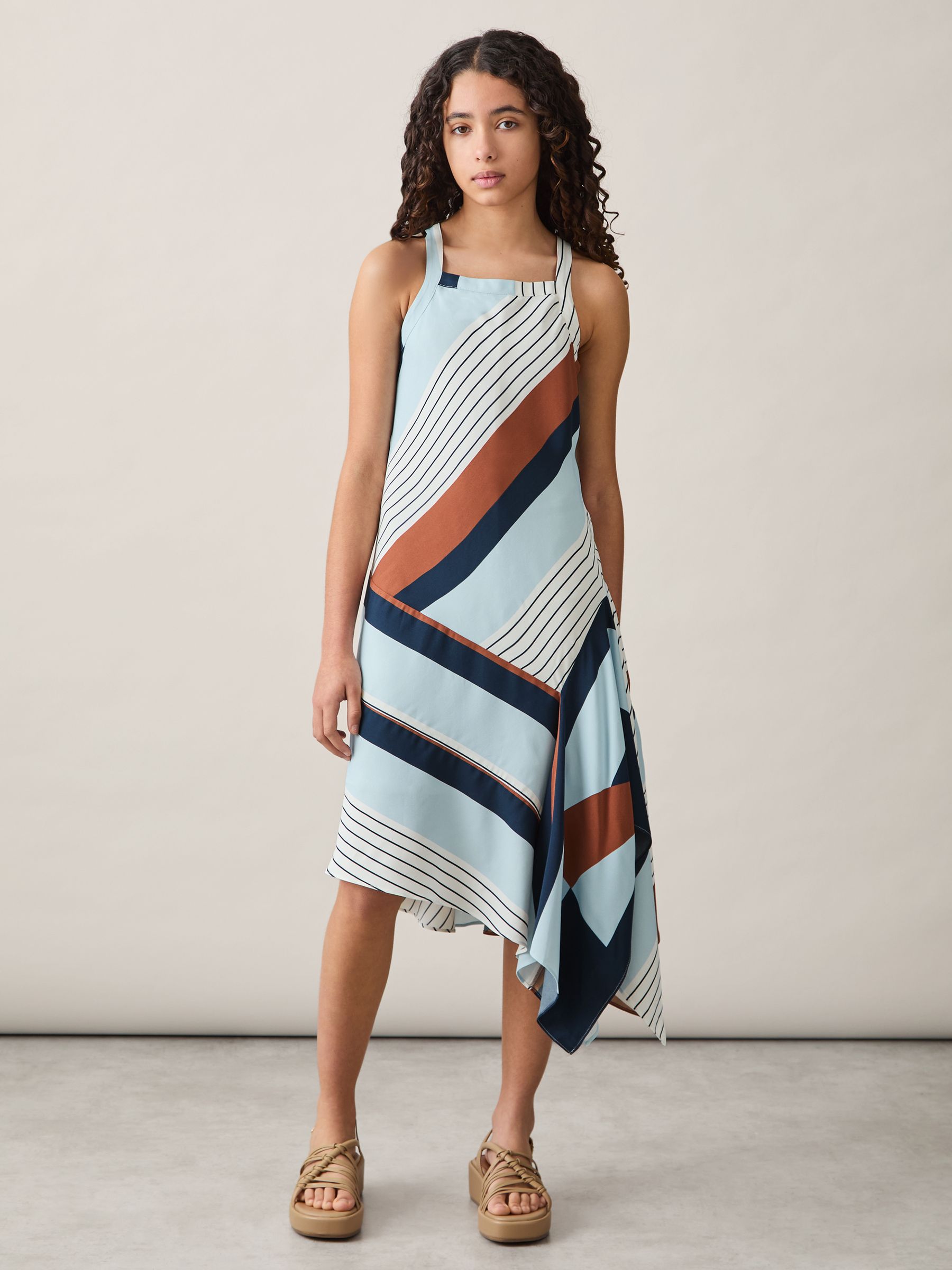 13-14 yrs Stripe-Print Handkerchief Dress in Blue Print