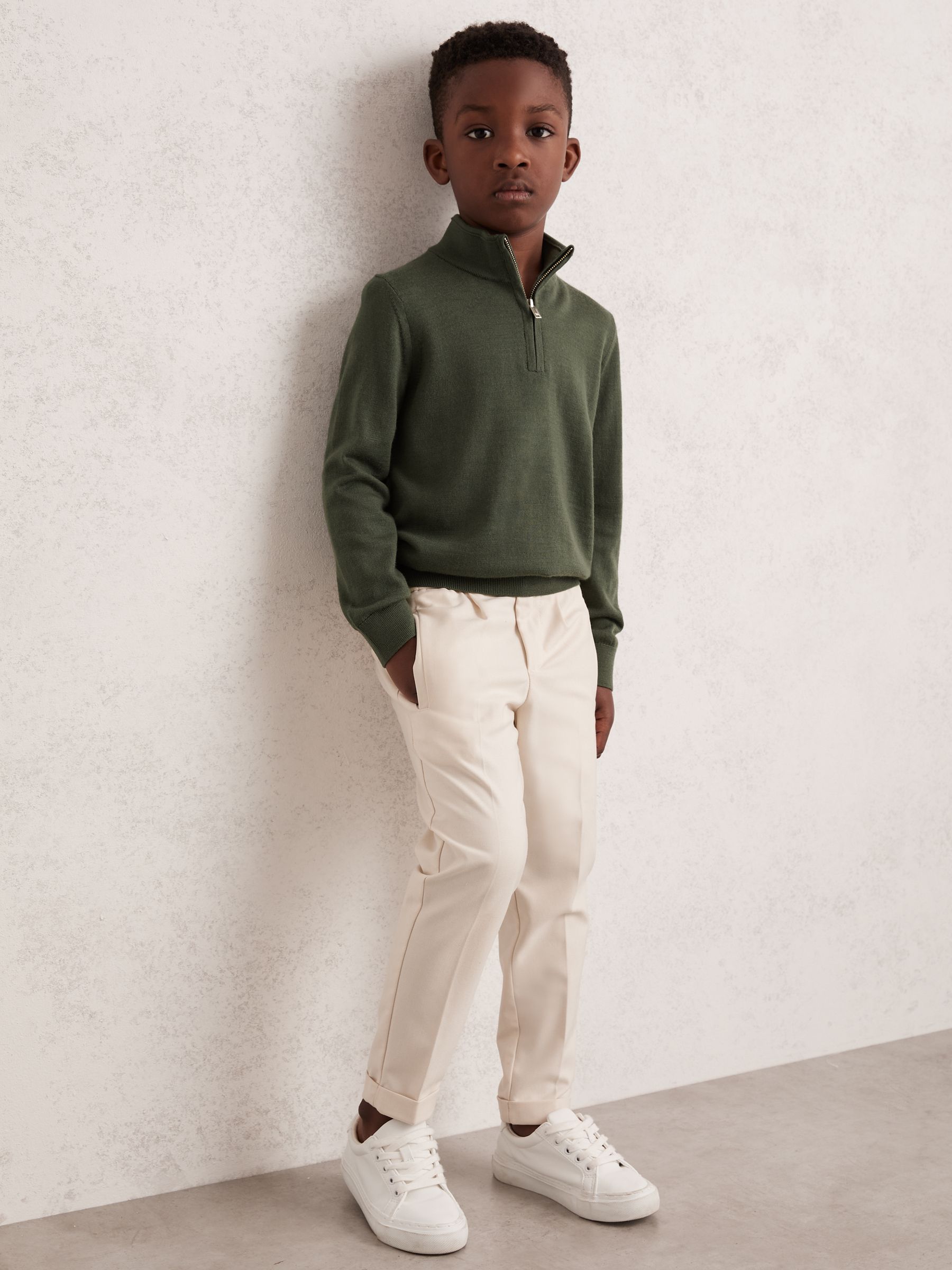 3-9 yrs Merino Wool Half-Zip Funnel Neck Jumper in Kale Green