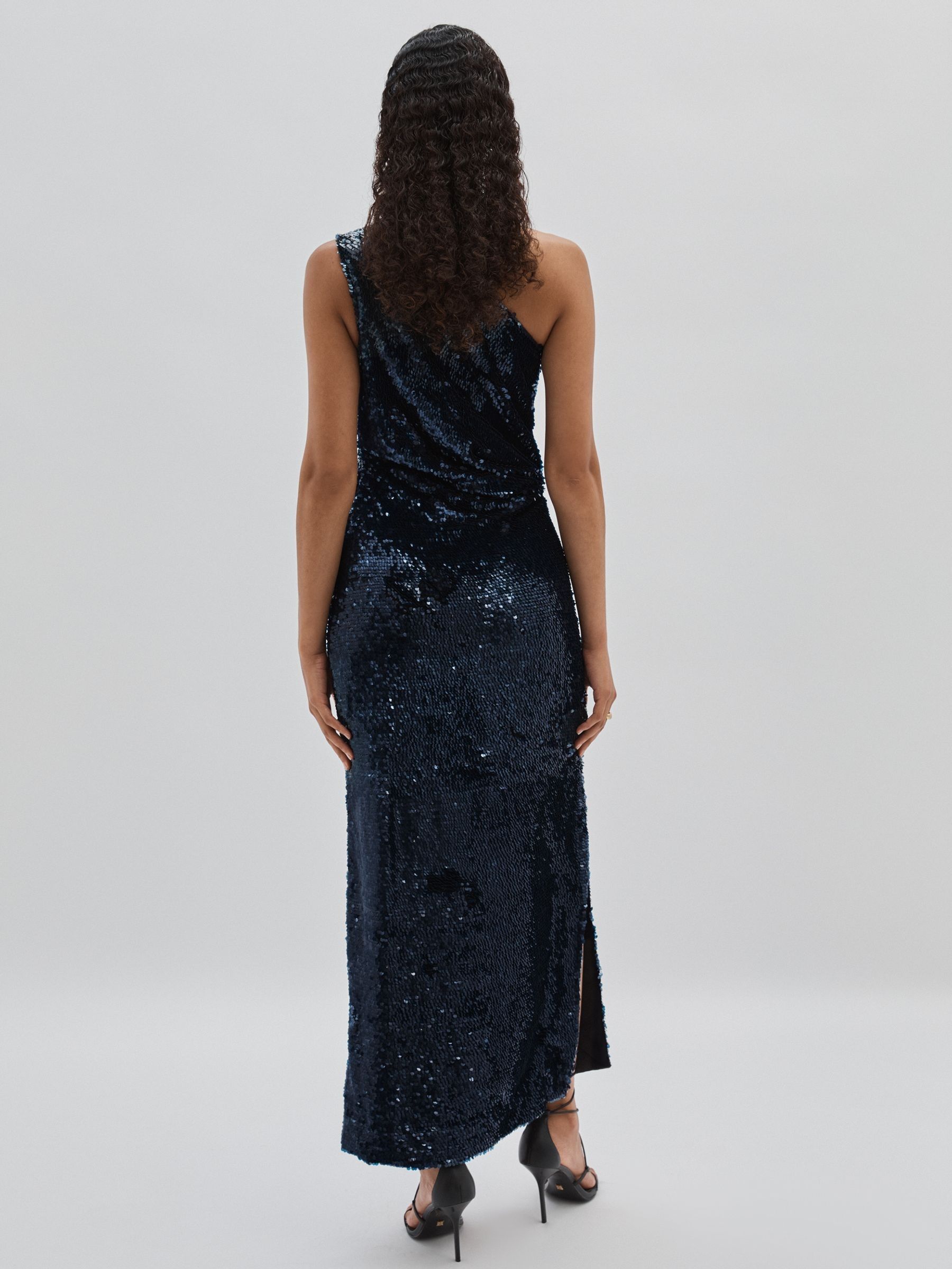 ILTA Sequinned One-Shoulder Maxi Dress in Midnight Navy