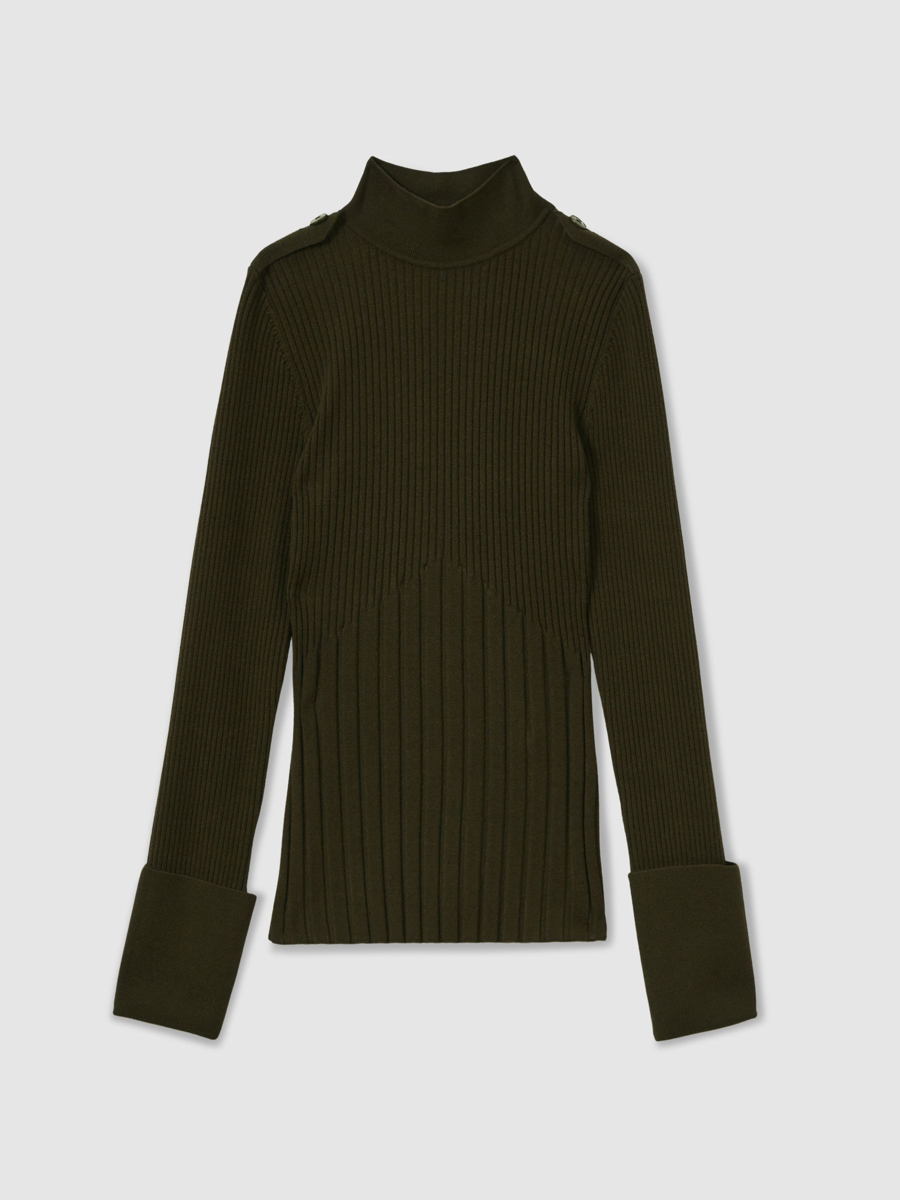 Rib-Knit High-Neck Top in Green