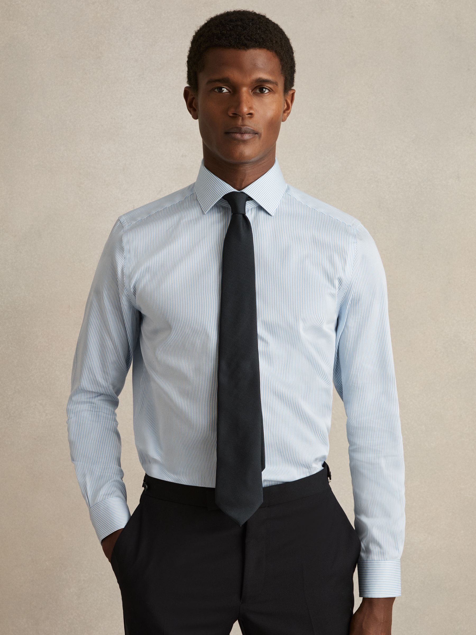 Regular Fit Cotton Sateen Shirt in Blue Stripe