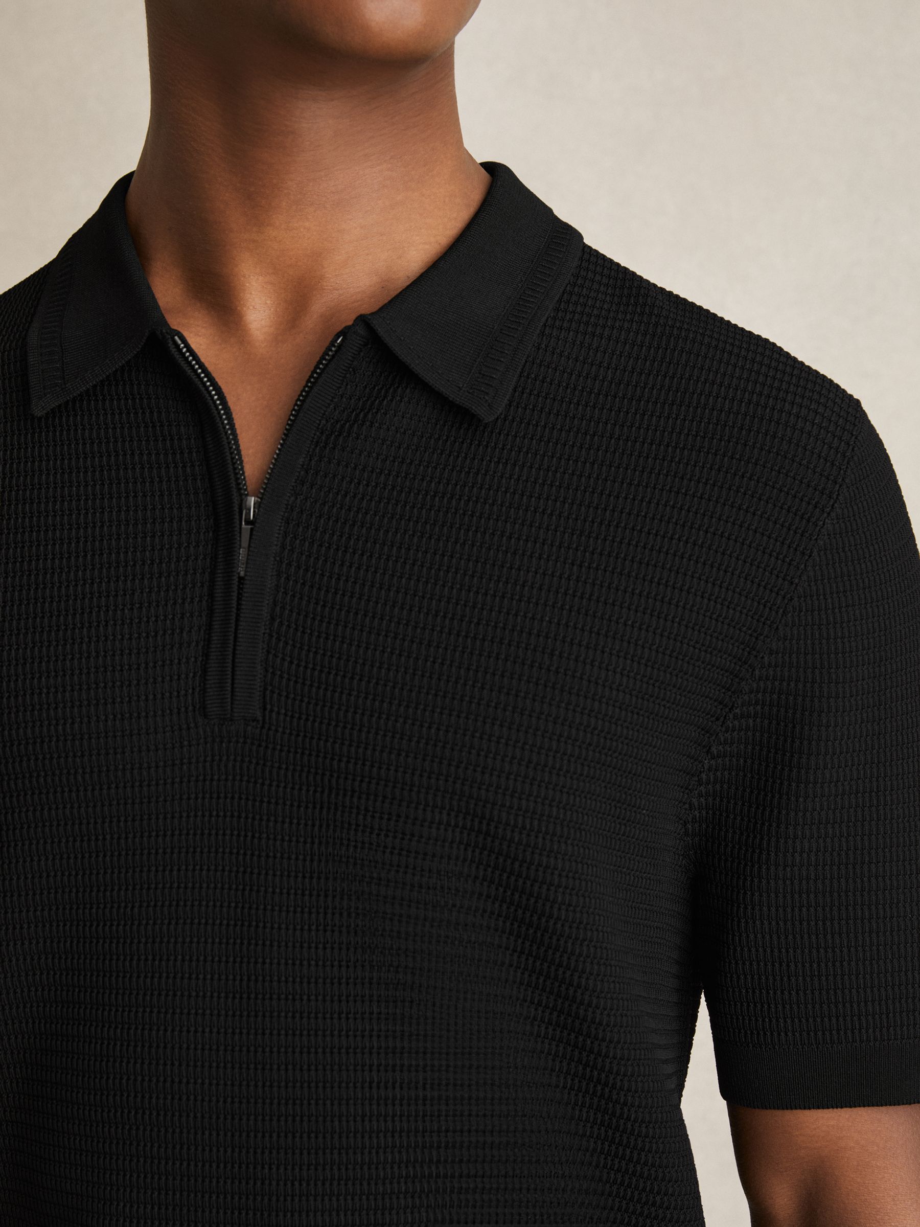 Textured Half-Zip Polo Shirt in Black