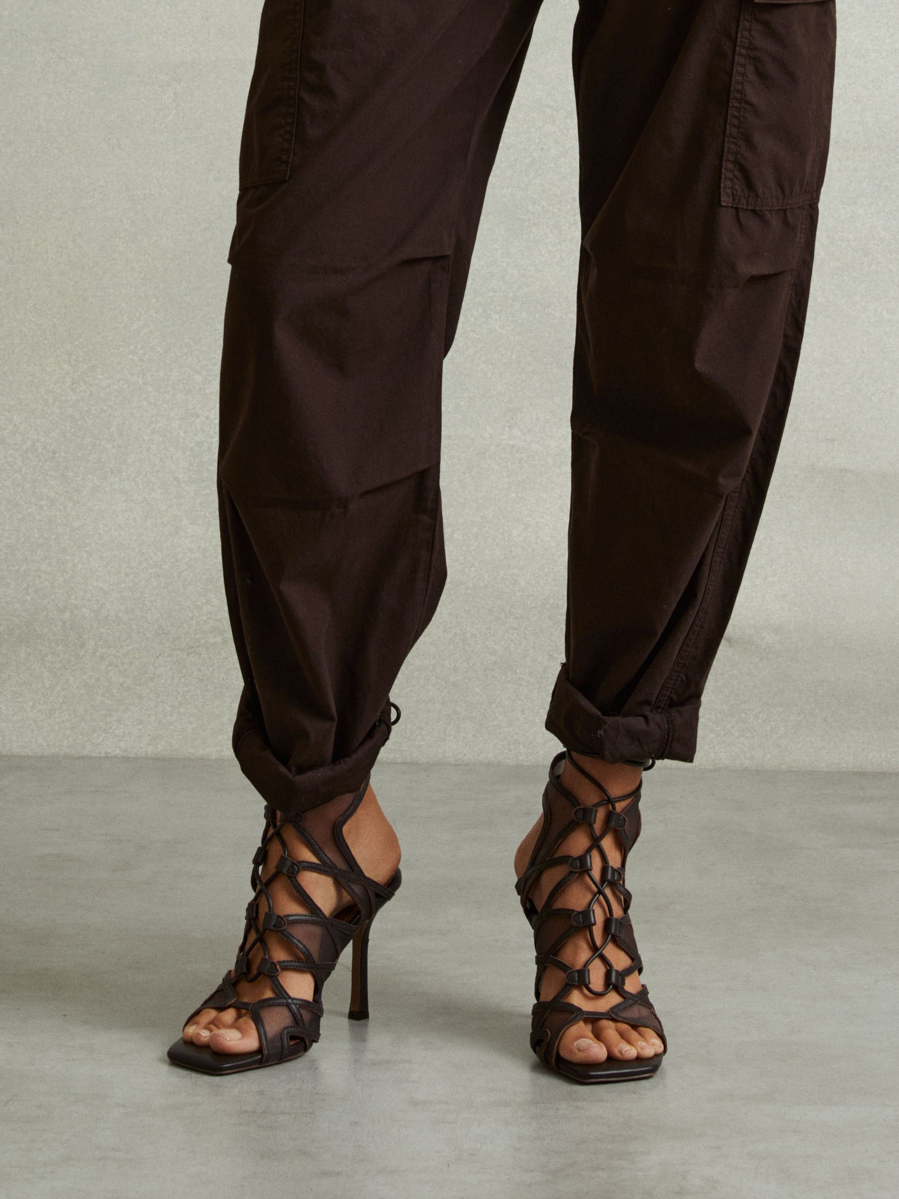 Mesh Leather Strappy Heels in Chocolate