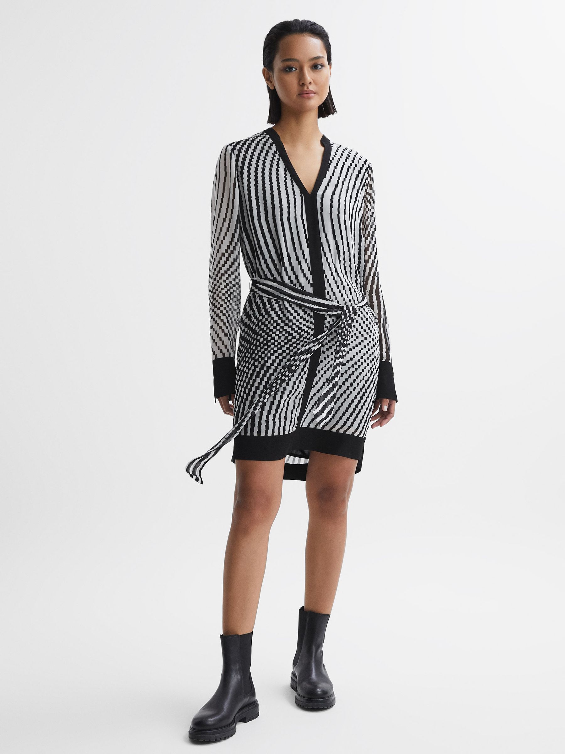 Check Belted Mini Dress in Black/White