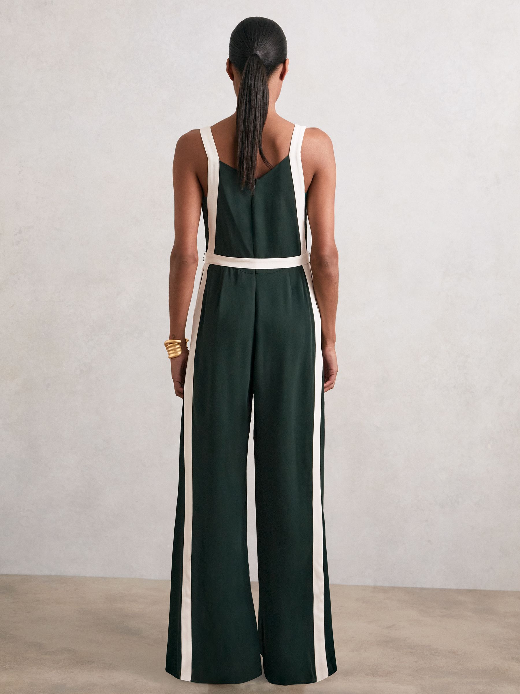 Petite Colourblock Wide Leg Belted Jumpsuit in Dark Green/Cream