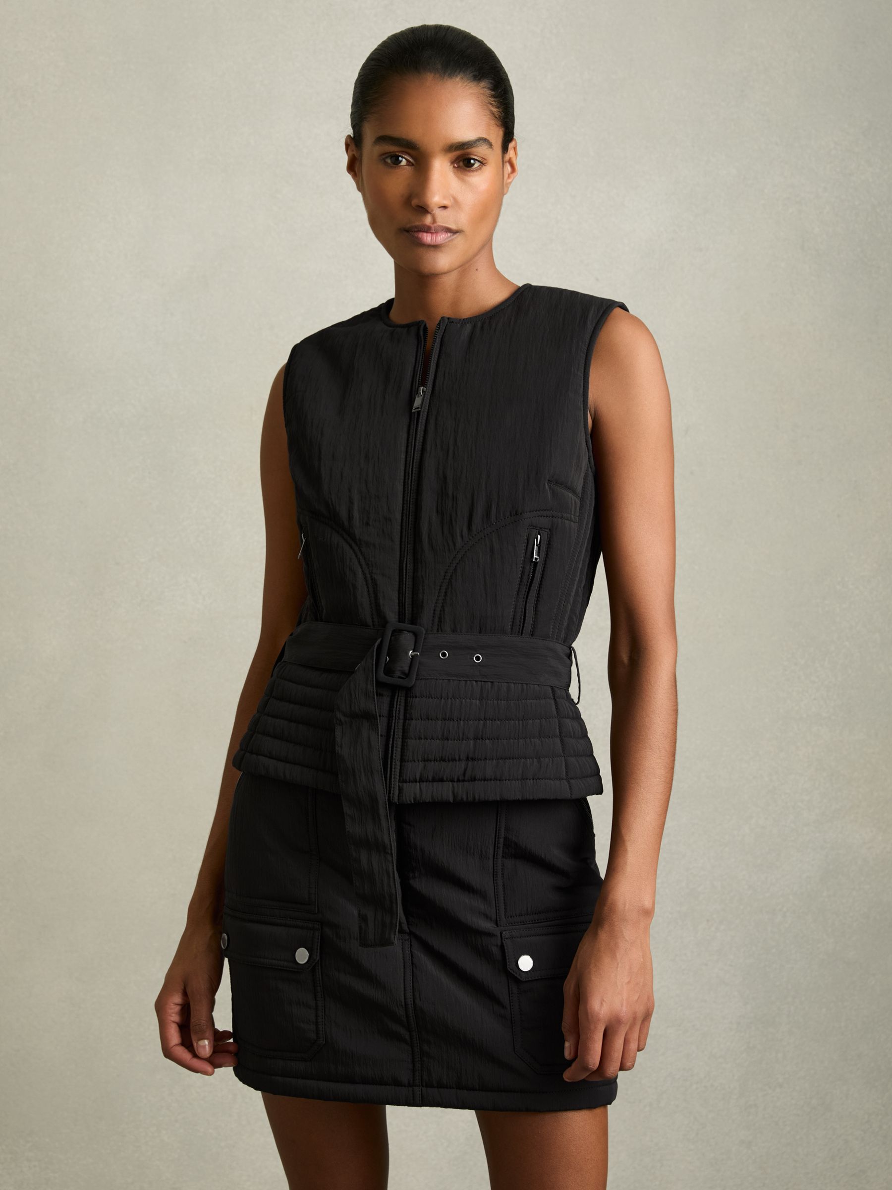 Quilted Zip-Through Belted Vest in Black