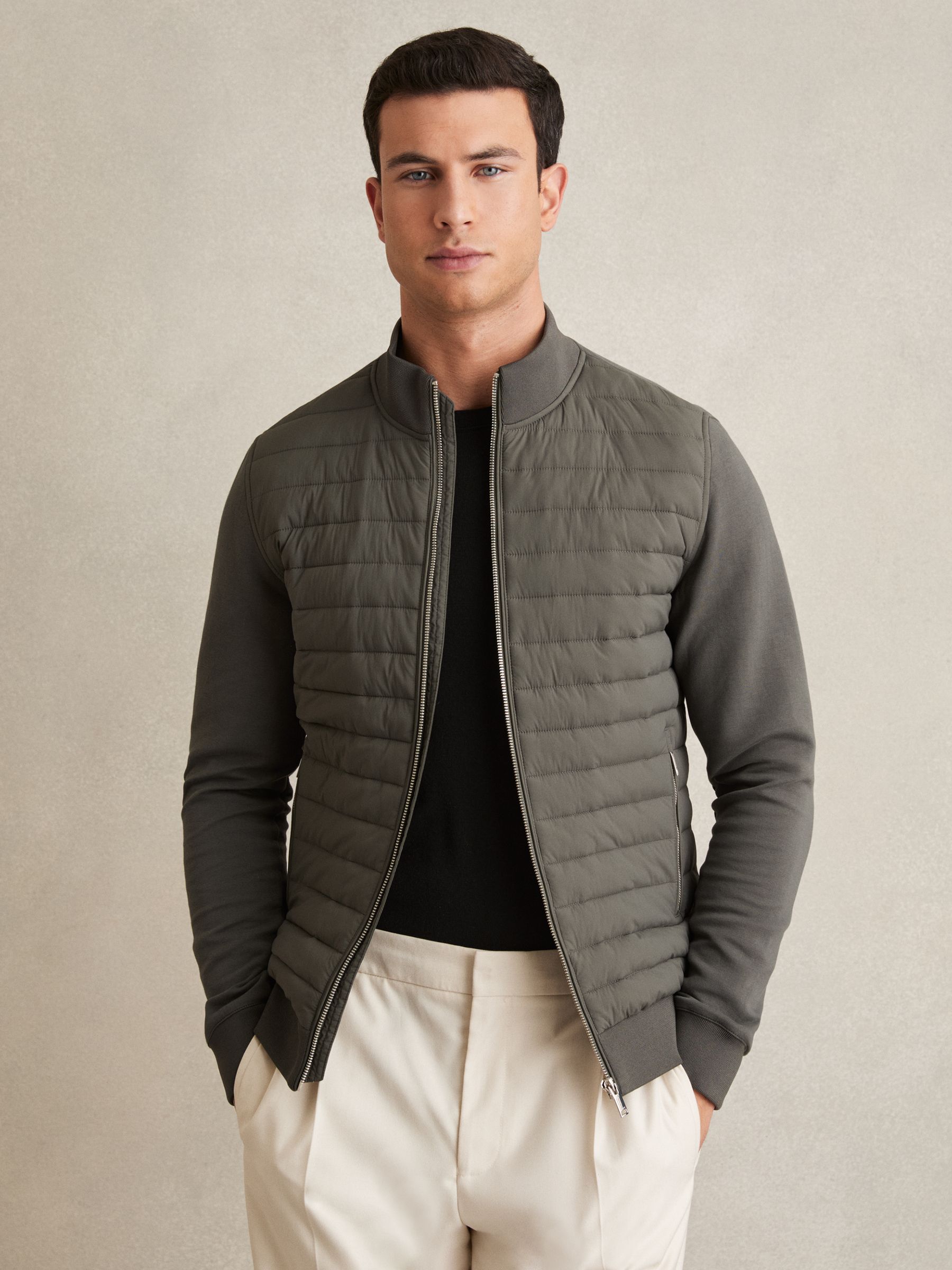 Hybrid Quilt and Knit Zip-Through Jacket in Sage