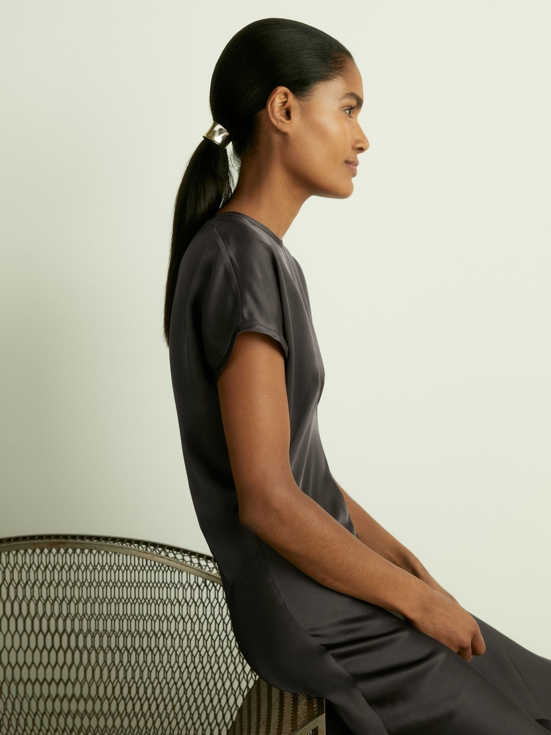 Satin Short-Sleeve Midi Dress in Charcoal